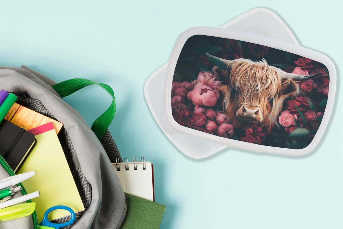 (2-tlg), Lunchbox - Blumen Kunststoff, und - Botanisch, Brotbox Schottischer Kuh für Brotdose, Kinder Highlander Erwachsene, Jungs MuchoWow weiß - Mädchen für und