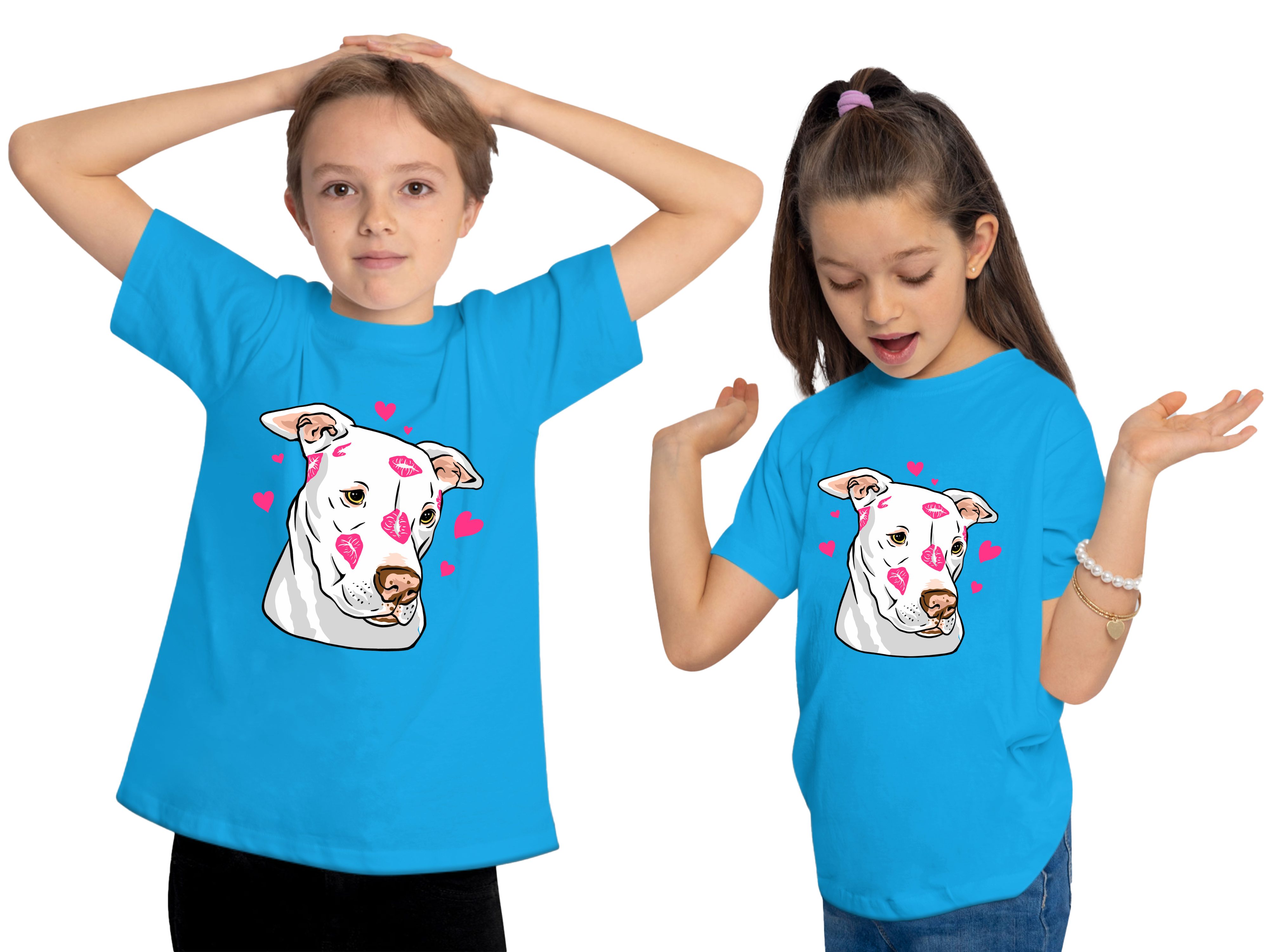 MyDesign24 Print-Shirt blau Hunde Aufdruck, aqua T-Shirt i229 mit Pitbull bedrucktes Baumwollshirt - Herzen Kinder mit