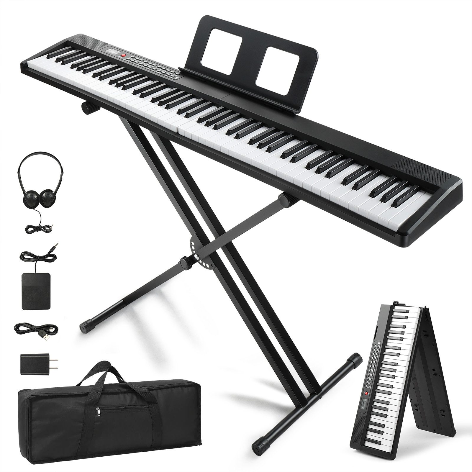 LALAHO Digitalpiano Klappbare E-Keyboard mit 88 Tasten, Klappklavier, Bluetooth und MIDI, tragbar, mit Kopfhörer, Lautsprecher