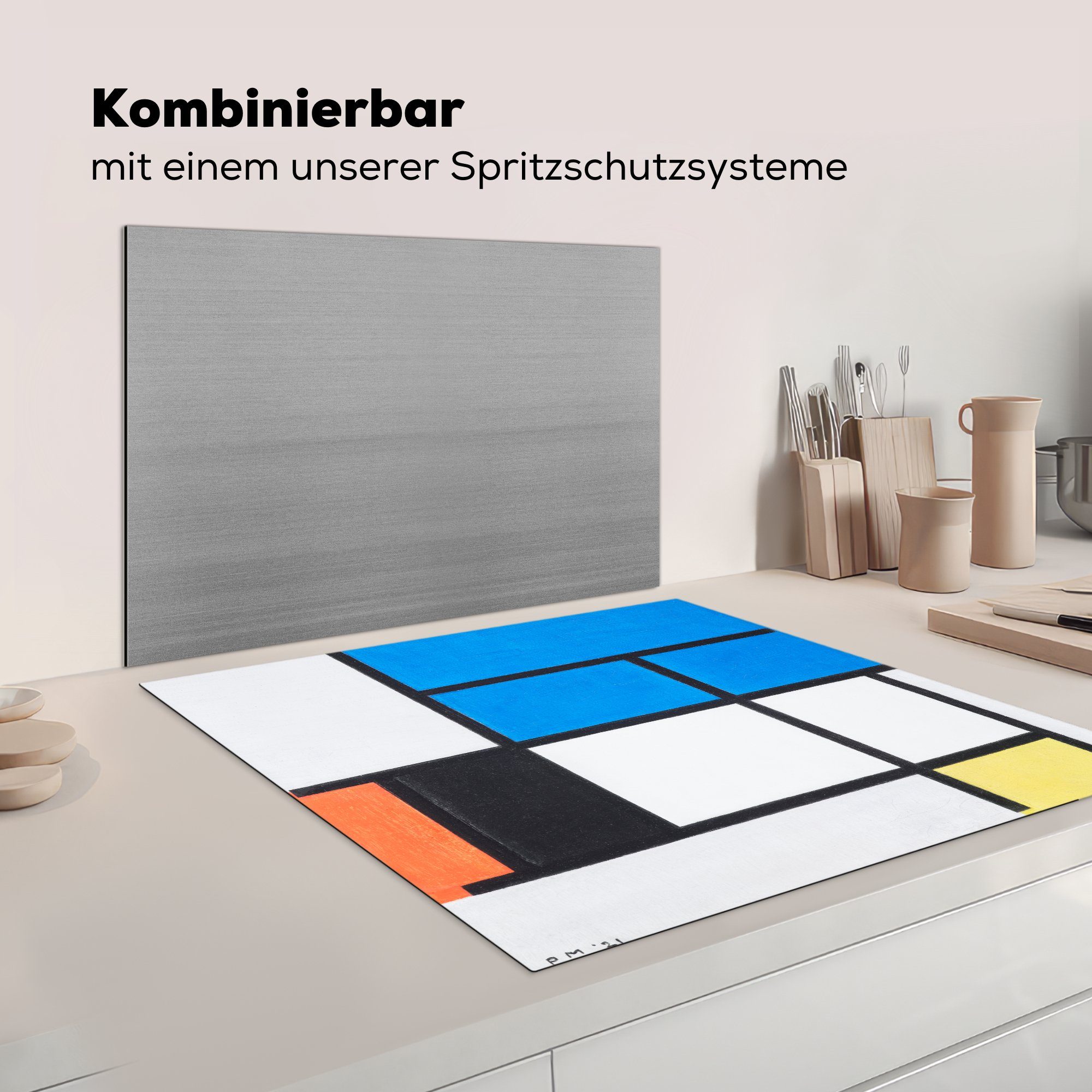 Blau, Grau MuchoWow Mondrian, Gelb cm, mit Ceranfeldabdeckung, - Piet Rot, tlg), und Komposition Vinyl, für Herdblende-/Abdeckplatte Arbeitsplatte küche 78x78 (1 Schwarz,