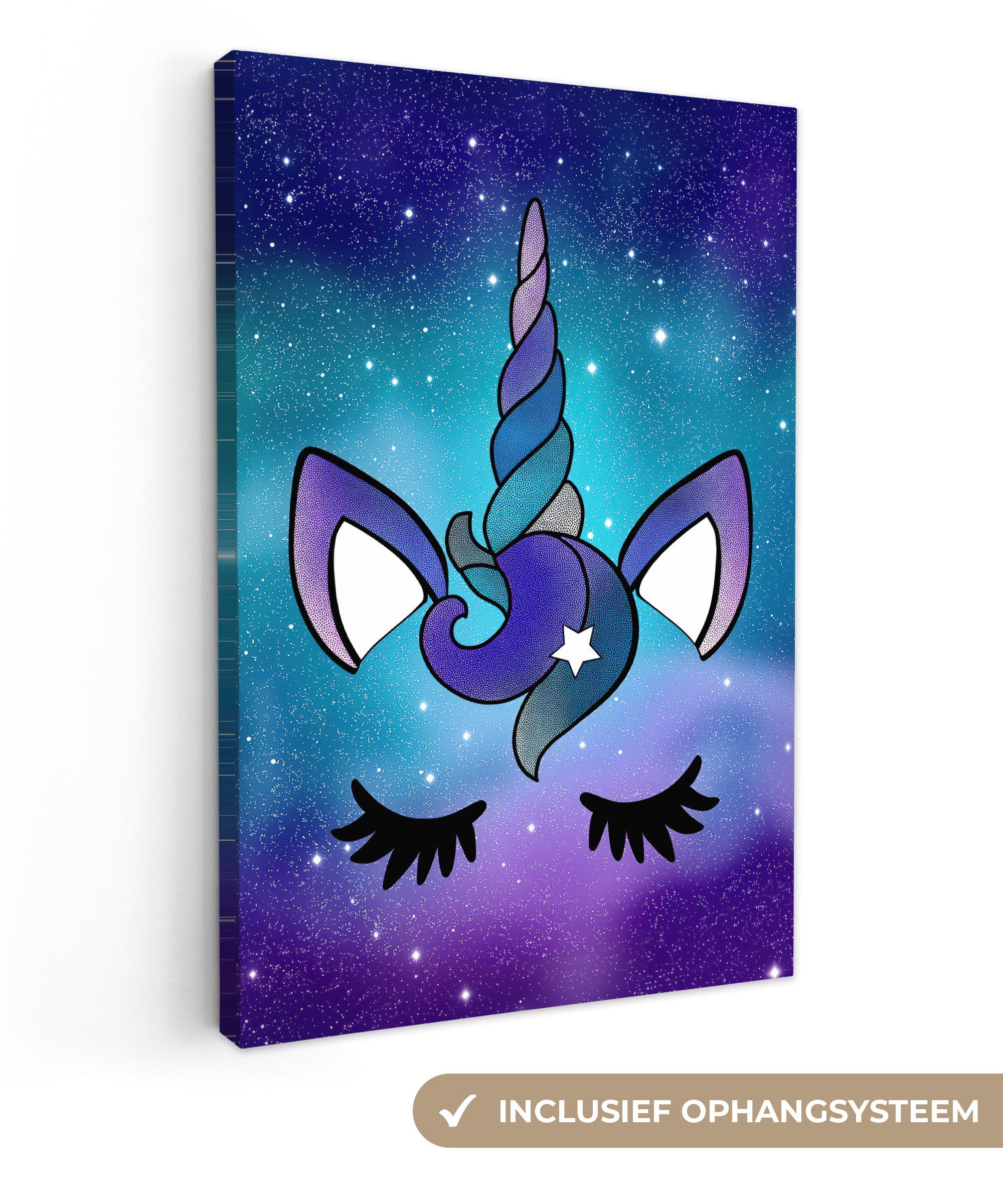 OneMillionCanvasses® Leinwandbild Einhorn - Sternenhimmel - Blau, Fotodruck (1 St), Leinwandbilder XXL für Wohnzimmer 90x140 cm