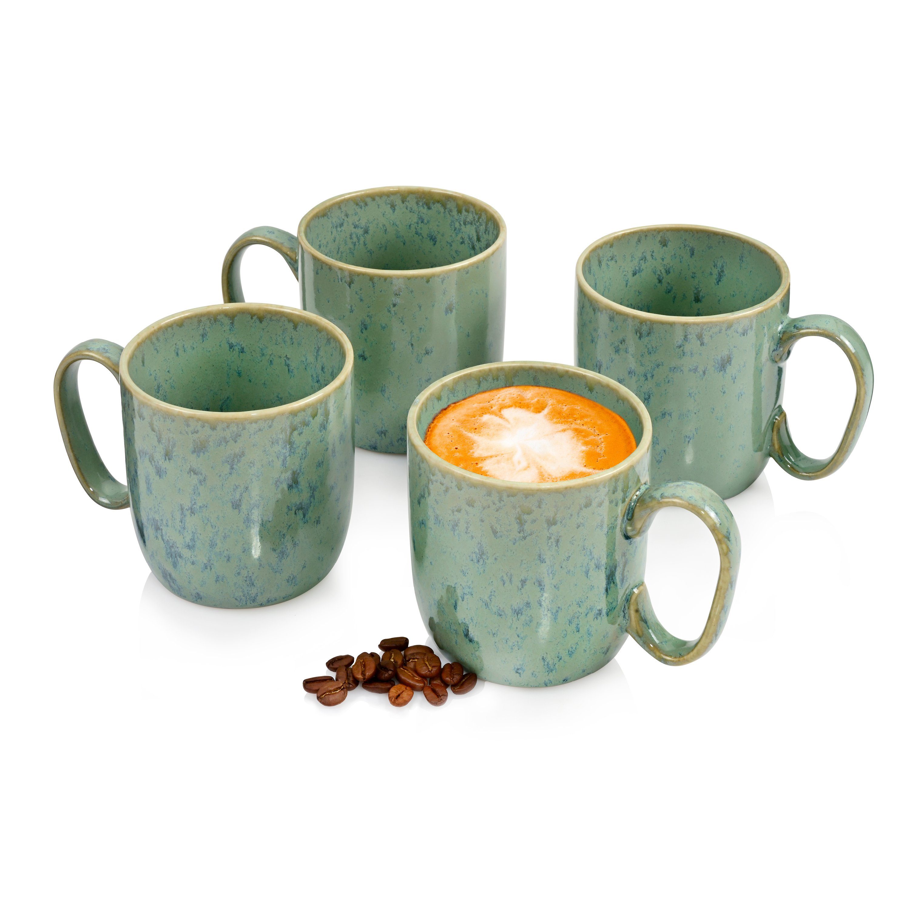 SÄNGER Becher Maya Kaffeebecher Set Mintgrün, Steingut, 4-teilig, 300 ml, spülmaschinengeeignet