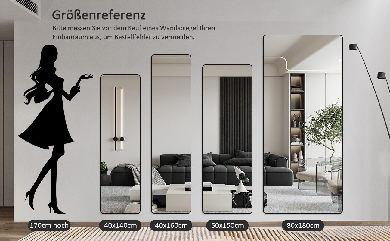 Boromal Ganzkörperspiegel Schwarz mit Metall Rahmen Haken Flurspiegel Standspiegel groß (Hochspiegel rechteckig HD Modern, 160x40, 150x50, 140x40cm, 180x80), mi – Bild 5 von 5