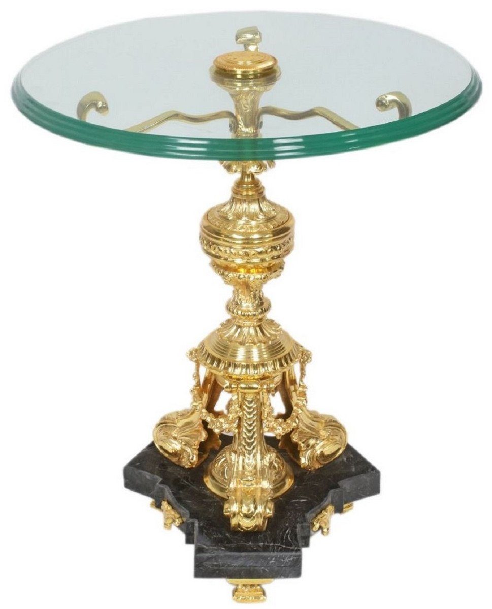 Casa Padrino Beistelltisch Barock Beistelltisch Gold / Schwarz Ø 53 x H. 67 cm - Runder vergoldeter Bronze Tisch mit Glasplatte und Marmorsockel - Barock Möbel