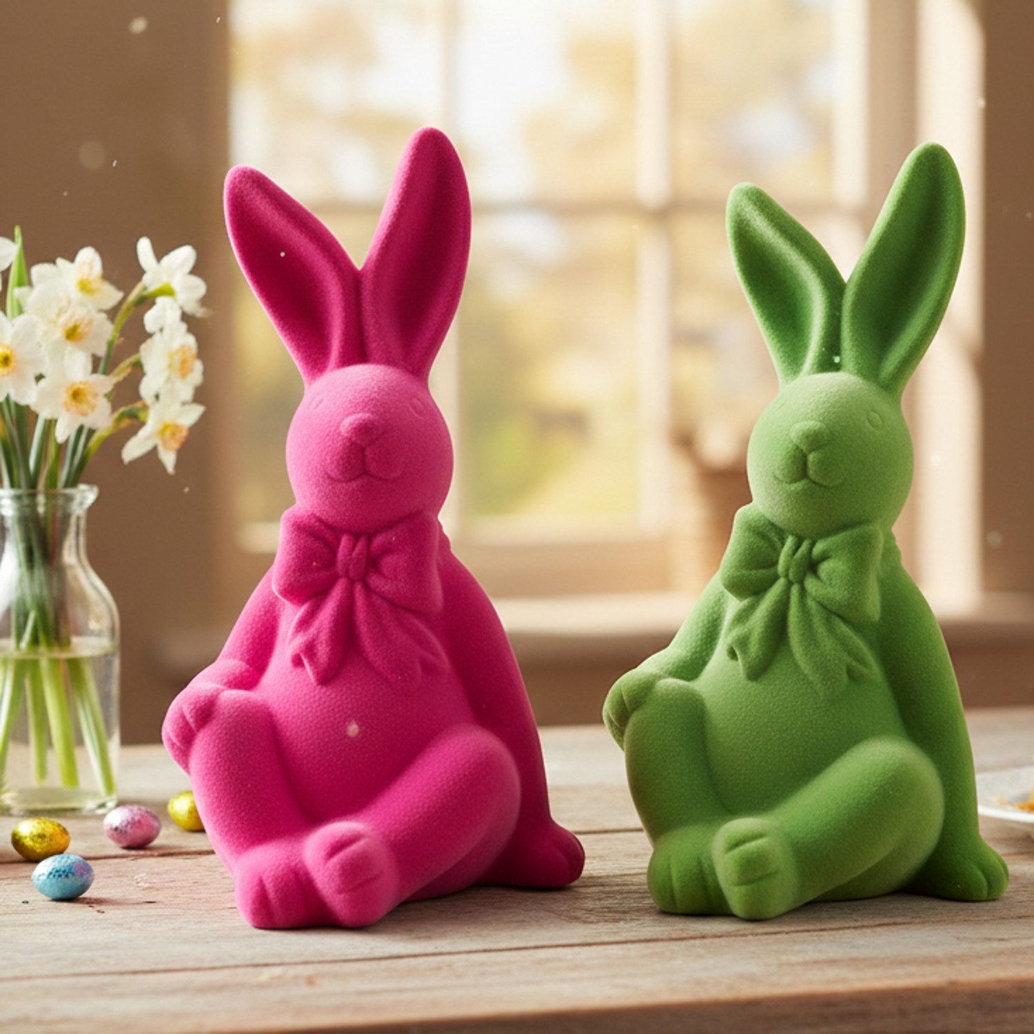 Macosa Home Osterhase sitzend Pink od. Grün Dolomit beflockt 20 cm Dekohase (Dekoration Tischdeko, Figur Dekohase Dekofigur Ostern), Hase Skulptur Osteddeko Osterdekoration
