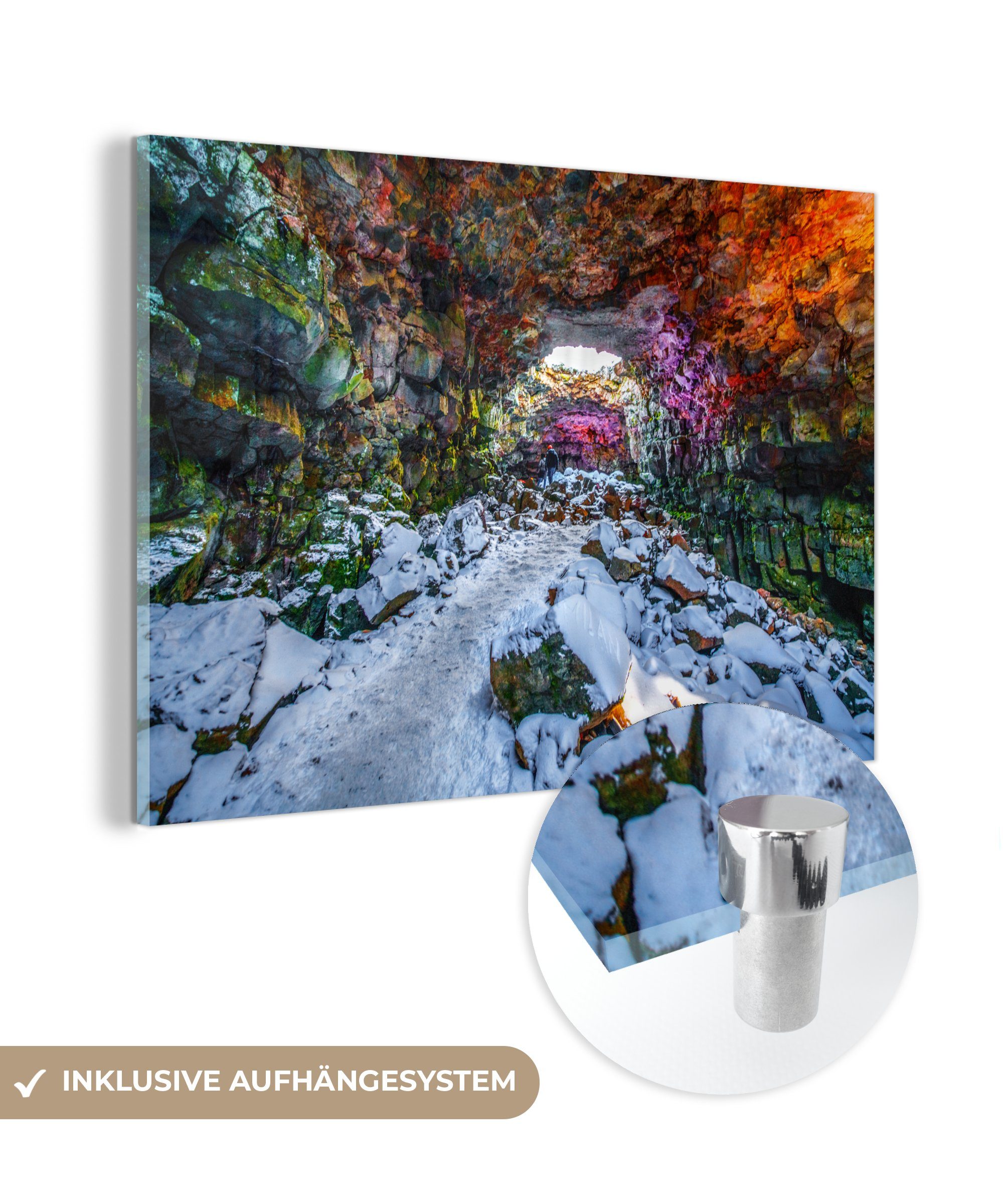 MuchoWow Acrylglasbild Farbenfrohe Lavahöhle in Island, (1 St), Acrylglasbilder Wohnzimmer & Schlafzimmer