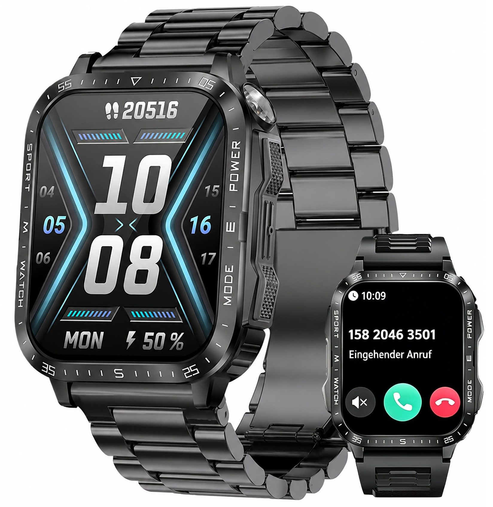 Toomoke Militär Smartwatch Herren mit LED-Taschenlampe, Smartwatch (4.98 cm/1,96 Zoll) 3ATM Wasserdicht zum Schwimmen, Bluetooth Telefonie, Smartwatch inklusive Edelstahlarmband und Silikonarmband, 1,96 Zoll HD Display, 430mAh Akku, Fitness Tracker für Android iOS