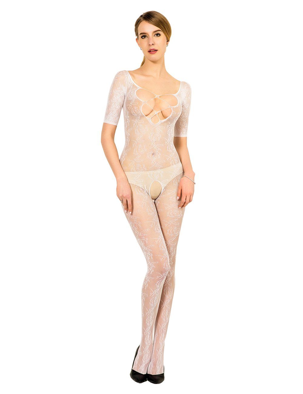 Lau-Fashion Bodystocking Fashion Nylon Catsuit Netz Overall Stocking Spitze Reizwäsche S/M/L