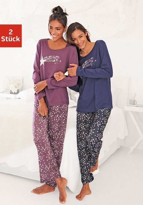 Vivance Dreams Pyjama (4 tlg., 2 bordeaux, Stück) Sternenprint mit marine