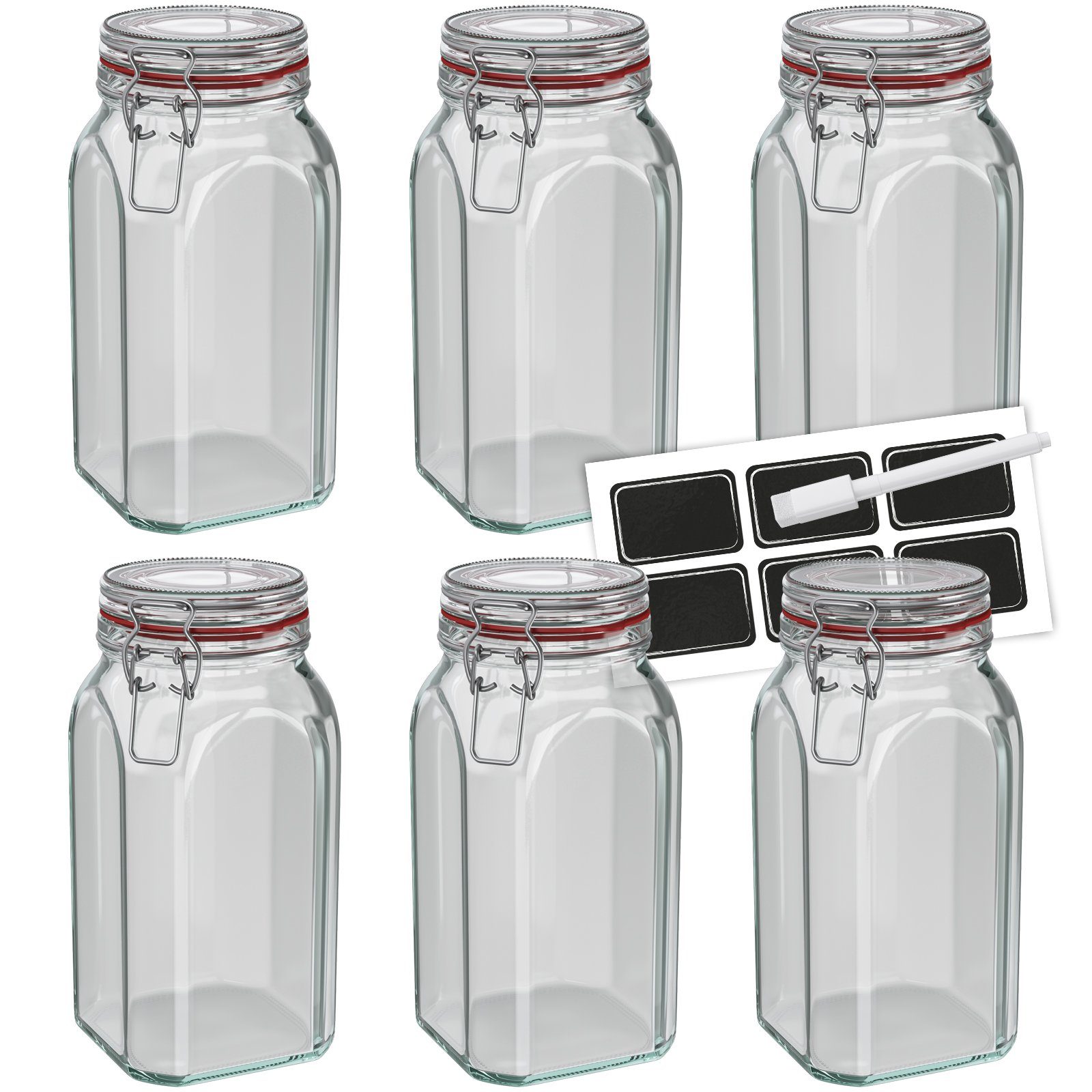Wellgro Vorratsglas Einmachglas mit Bügelverschluss – 1540 ml Bügelverschlussglas inkl. Etiketten und Kreidestift – Vorratsglas, Drahtbügelglas, Nudelglas – Glas Made in Germany, (6-tlg)