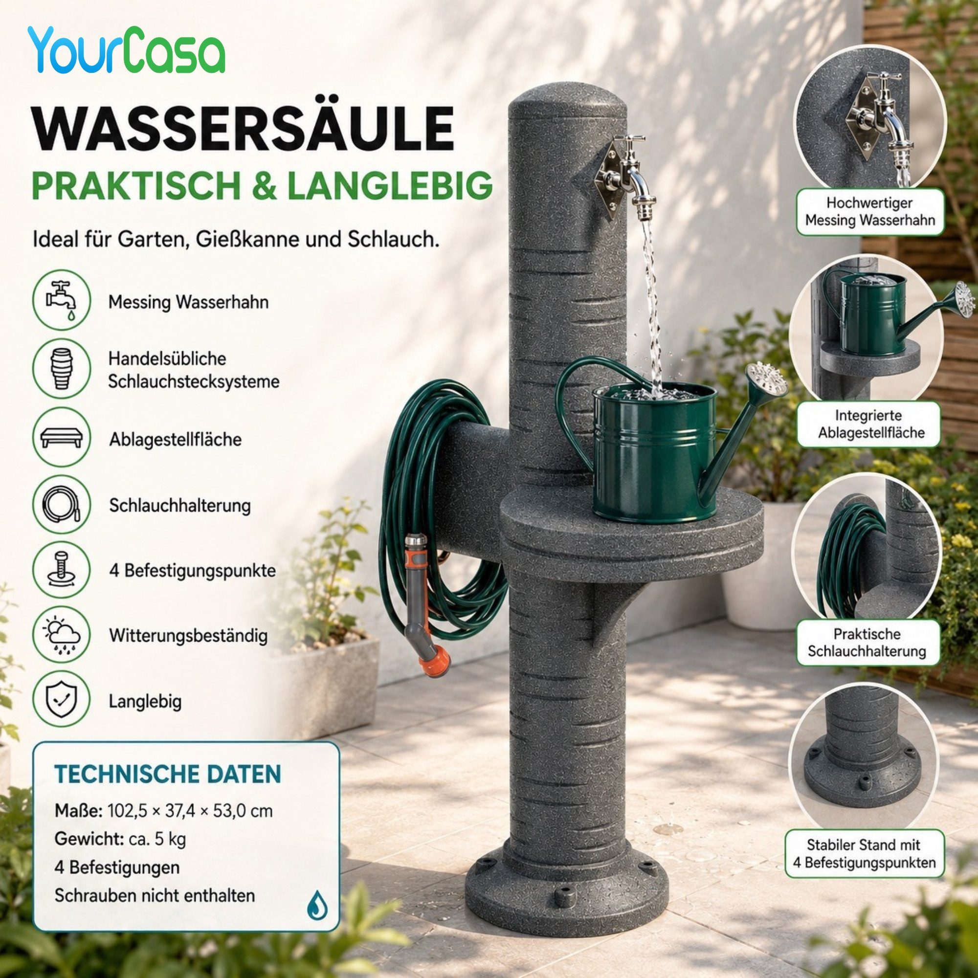 YourCasa Gartenbrunnen AquaPost Wassersäule Garten – Zapfsäule Ablagestellfläche, Wasserhahn, Abstellfläche, Schlauchhalterung