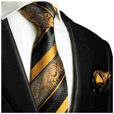 Paul Malone Krawatte Herren Seidenkrawatte Schlips mit Tuch barock gestreift 100% Seide (Set, 2-St., Krawatte mit Einstecktuch) Breit (8cm), gelb gold schwarz 495