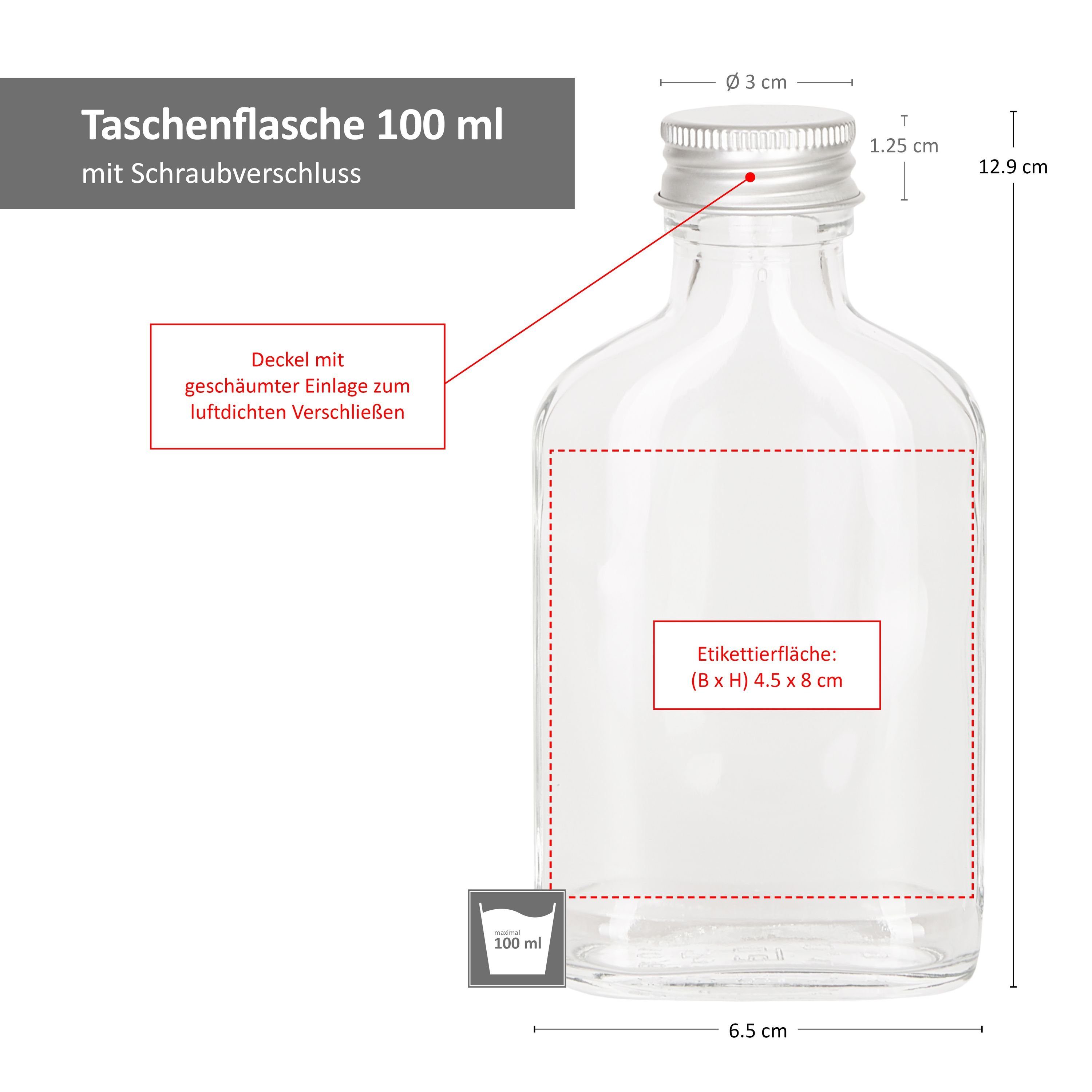 MamboCat Einmachglas 100 Taschenflasche incl. 6er ml Deckel 28 PP Silber Glas Set Aluminium