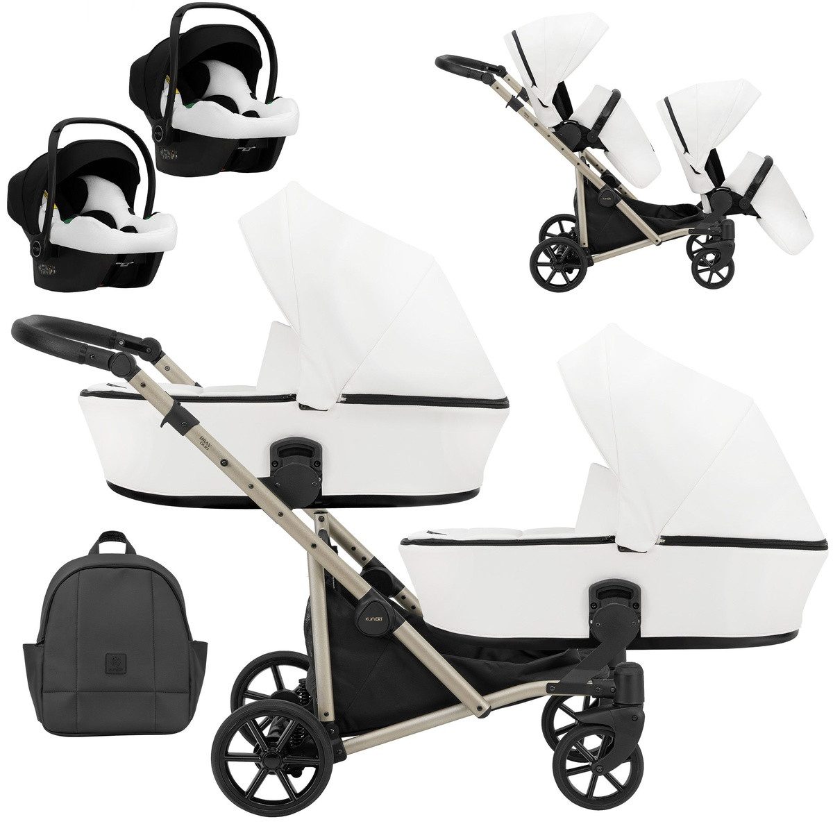 KUNERT Zwillings-Kombikinderwagen BRAV DUO 3in1 Öko-Leder Doppelkinderwagen mit Gelrädern, Leichter Aluminiumrahmen, kompakt zusammenklappbar
