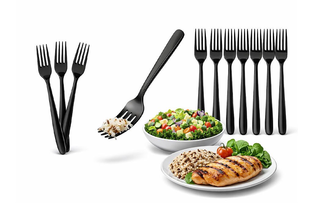 Lauroo Serviergabel 200 Stück Schwarzes Mehrweg Besteck Set – 100 Messer & 100 Gabeln (200 Stück), Wiederverwendbar, Spülmaschinengeeignet bis 125 Waschgänge
