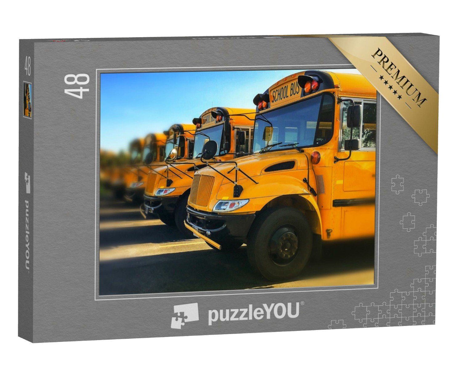 puzzleYOU Puzzle Gelbe Schulbusse, geparkt in einer Reihe, 48 Puzzleteile, puzzleYOU-Kollektionen Fahrzeuge