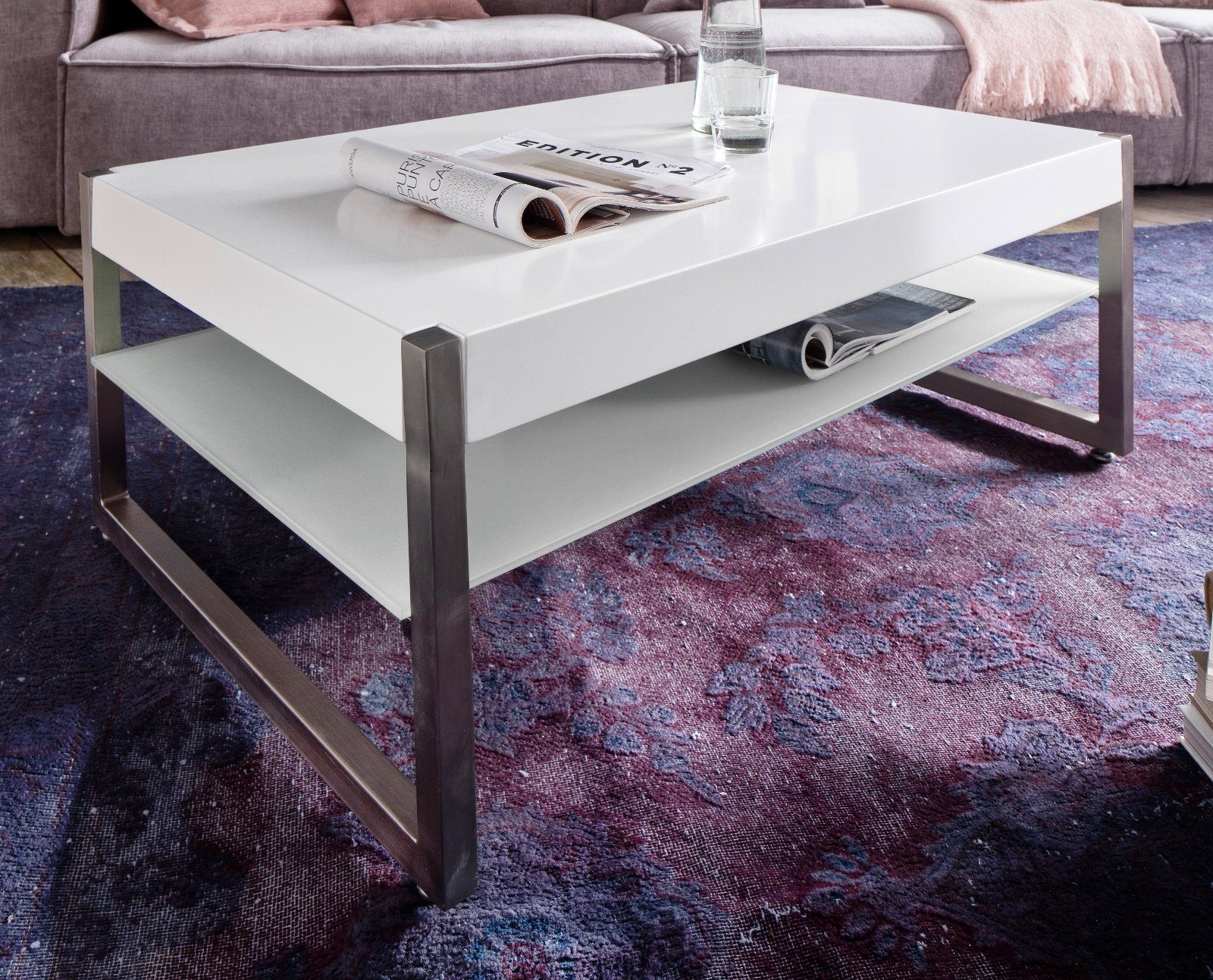 MCA furniture Couchtisch »Migel« (Wohnzimmertisch weiß matt lackiert und  Edelstahl, mit Ablage)