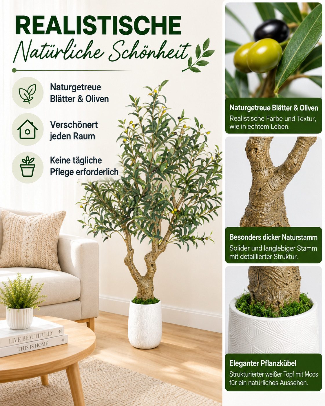 Yorbay Olivenbaum Künstlicher Olivenbaum mit dicker Stamm, Pflanztopf, 1738 Blätter, 73 Oliven, mit grüner Moosdekoration, Höhe 180cm – Bild 4 von 5