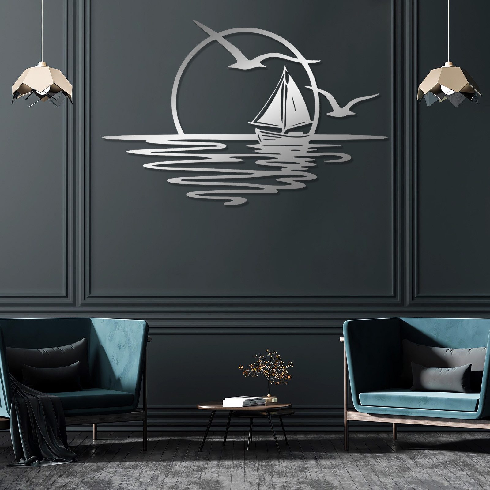 Jumpeak Wanddekoobjekt Wanddeko mit Segelbooten und Möwen,Sonnenaufgang,Sonne,Meer,Seefahrt, Metall,4 Farben,4 Maße,Wasserwellen, Strichkunst,Natürliche Atmosphäre