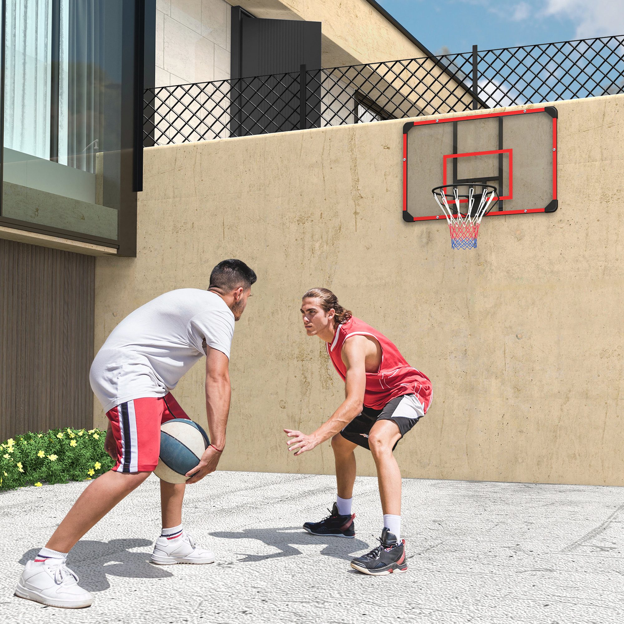 SPORTNOW Basketballständer Basketballkorb mit Rückwand, Basketballbrett, Wandmontage (Basketballkorb, 1-St., Basketballbrett mit Korb), für Outdoor, Stahl, 113 x 61 x 73 cm, Rot