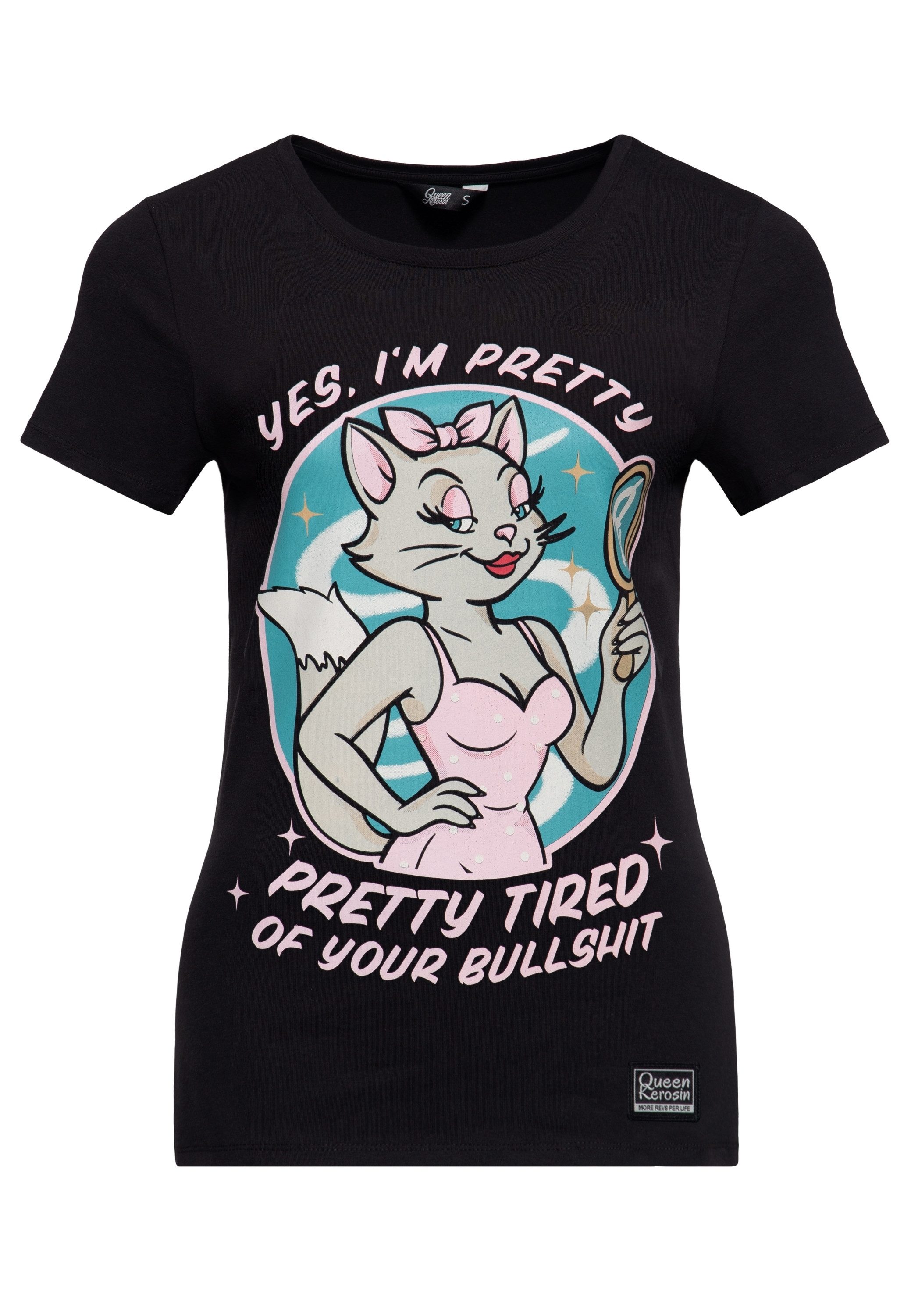 QueenKerosin Print-Shirt Pretty Tired Cartoon-Print mit Pin-up-Katze und augenzwinkerndem Spruch
