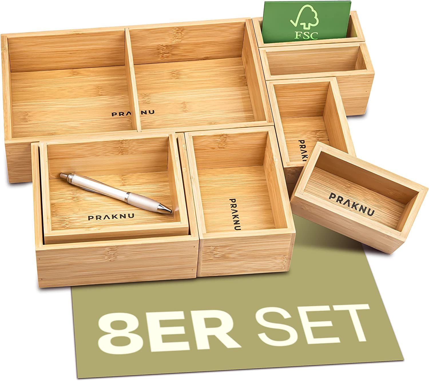 Praknu Schubladeneinsatz Schubladen Organizer Box 8er Set - Aus nachhaltigem FSC Bambus Holz (8 St), Platzsparendes Schubladen Küchenzubehör - Schubladenorganizer Einsatz