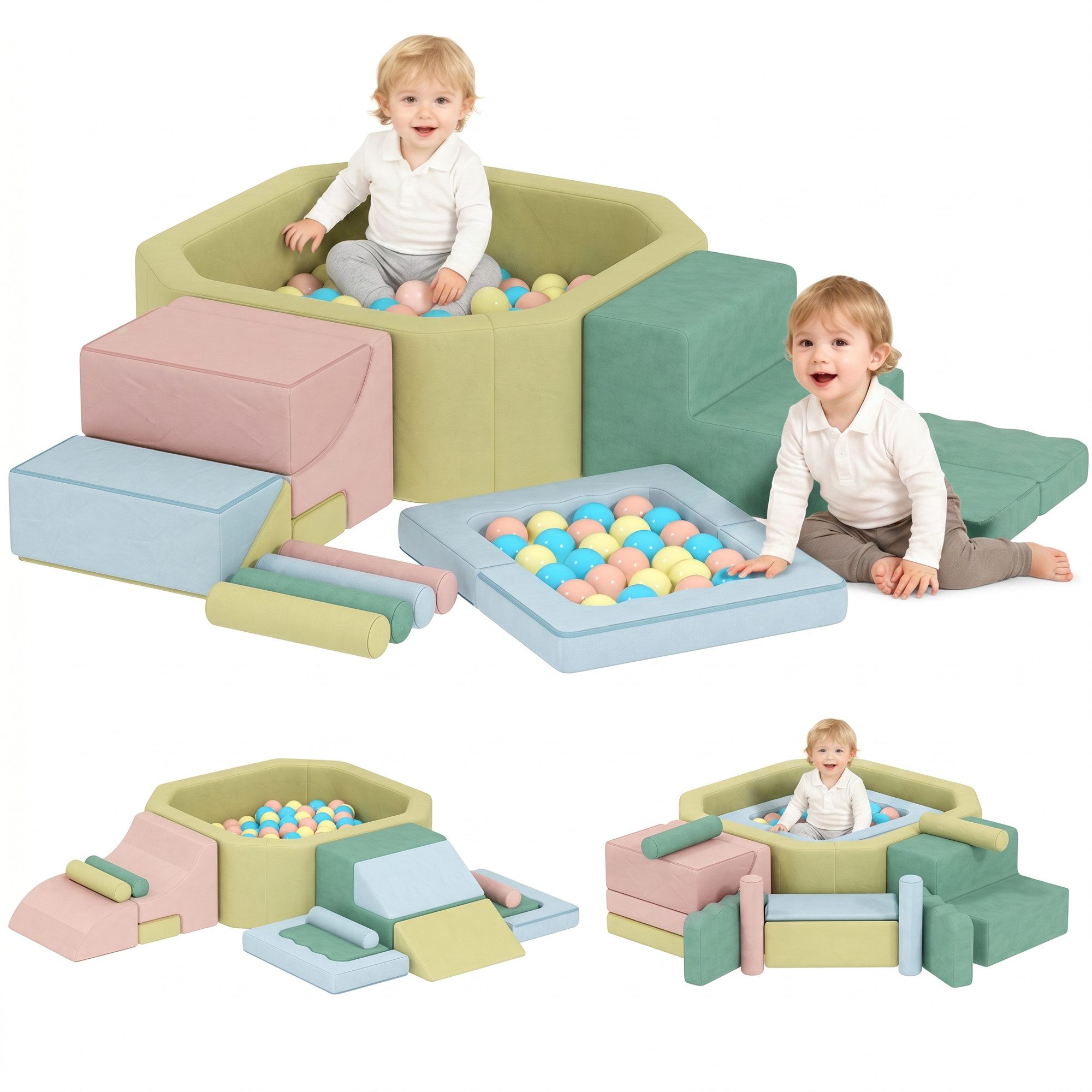 AIYAPLAY Kinder Softbausteine mit Bällepool, 200 Bälle, Riesenbausteine Spielbausteine, (Kletter- und Spielset, 15 St., Schaumstoffbausteine), Klettern Großbausteine, Mehrfarbig