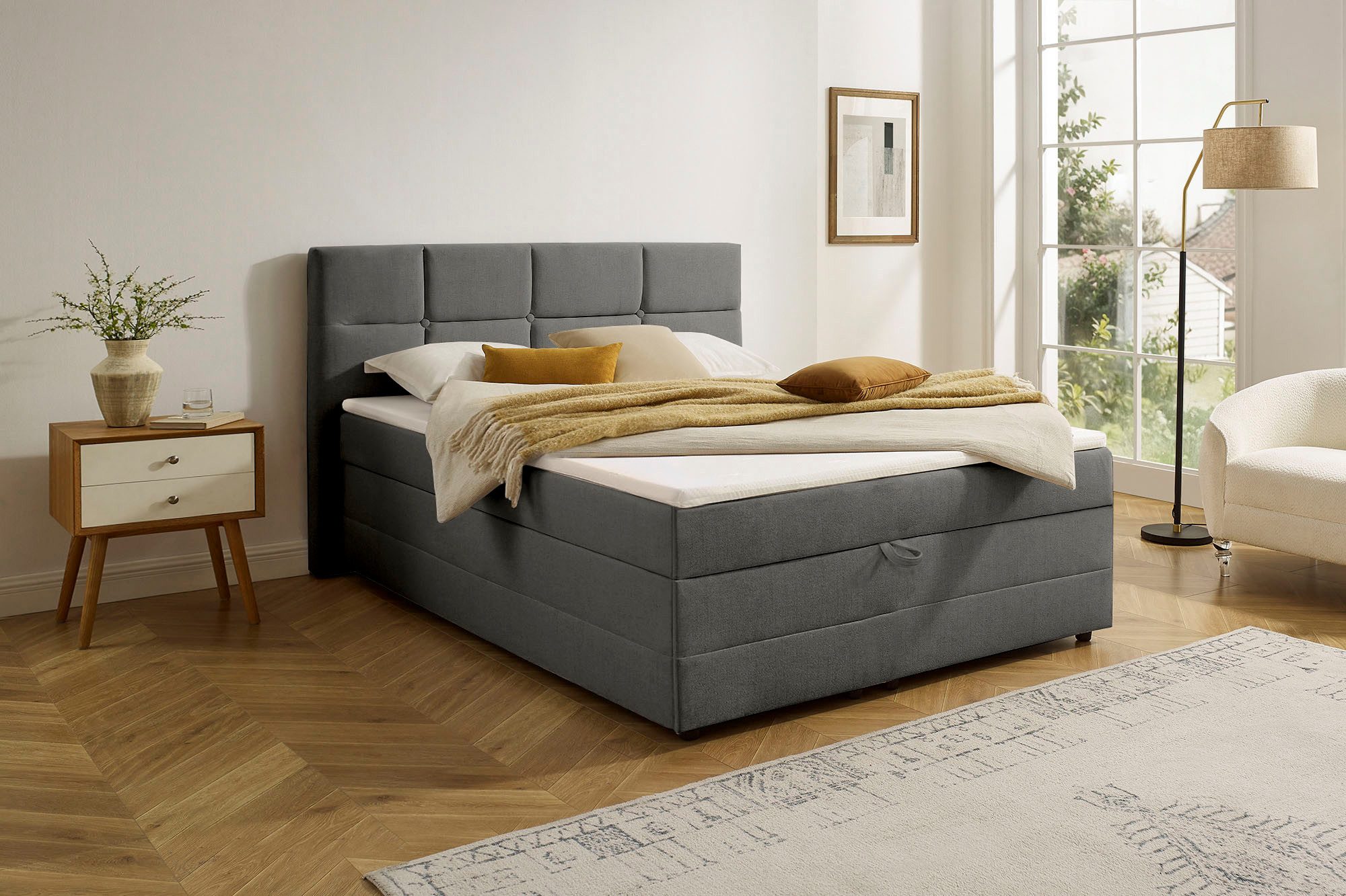 OTTO home Boxbett FILLMORE, Polsterbett mit Bettkasten und Taschenfederkernmatratze H3, mit Kaltschaumtopper, Strukturstoff-Bezug, 140x200 & 180x200 cm