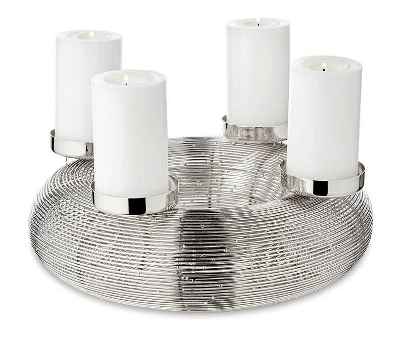 EDZARD Adventskranz Verona, (30 cm) Kerzenhalter für Stumpenkerzen, Adventsleuchter als Weihnachtsdeko für 4 Kerzen á Ø 6 cm, Kerzenkranz als Tischdeko mit Silber-Optik, vernickelt
