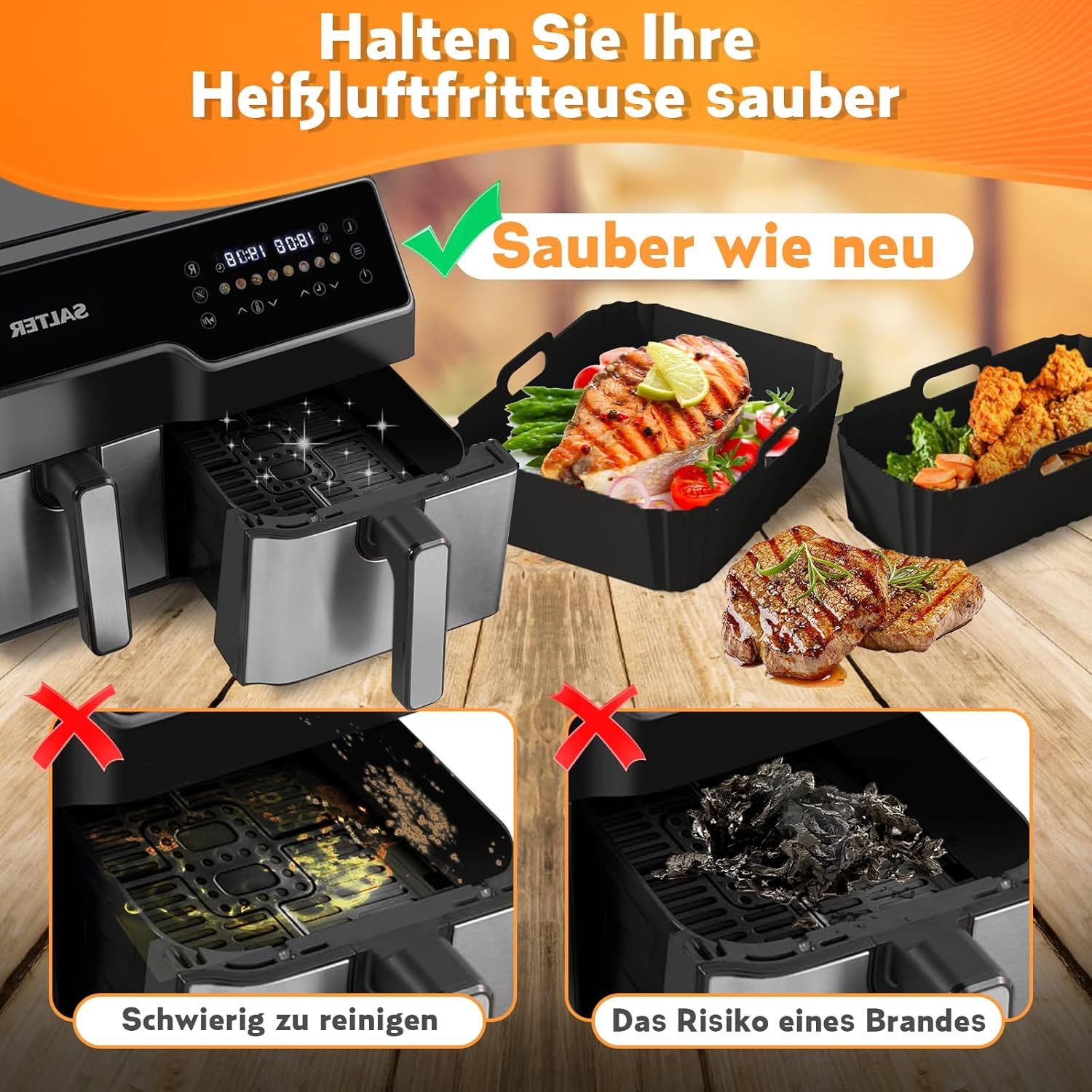 SURFOU Backform Heißluftfritteuse Zubehör 29-tlg set für Tefal Dual Easy Fry EY9018, (29-tlg Heißluftfritteuse Zubehör Set für Tefal EY9018 & weitere Dual-Airfryer, Tower T17099, Salter EK5729 – ideal für 3,1L + 5,2L Air Fryer, inklu. Silikonformen, Muffinförmchen, Backformen, Grillrost, Edelstahlspieße, Spießhalter, Silikonhandschuhe, Silikonzange, Öl-Pinsel, Ölsprüher 29-tlg 29-tlg), Schnell zubereitet, gesund, fettarm