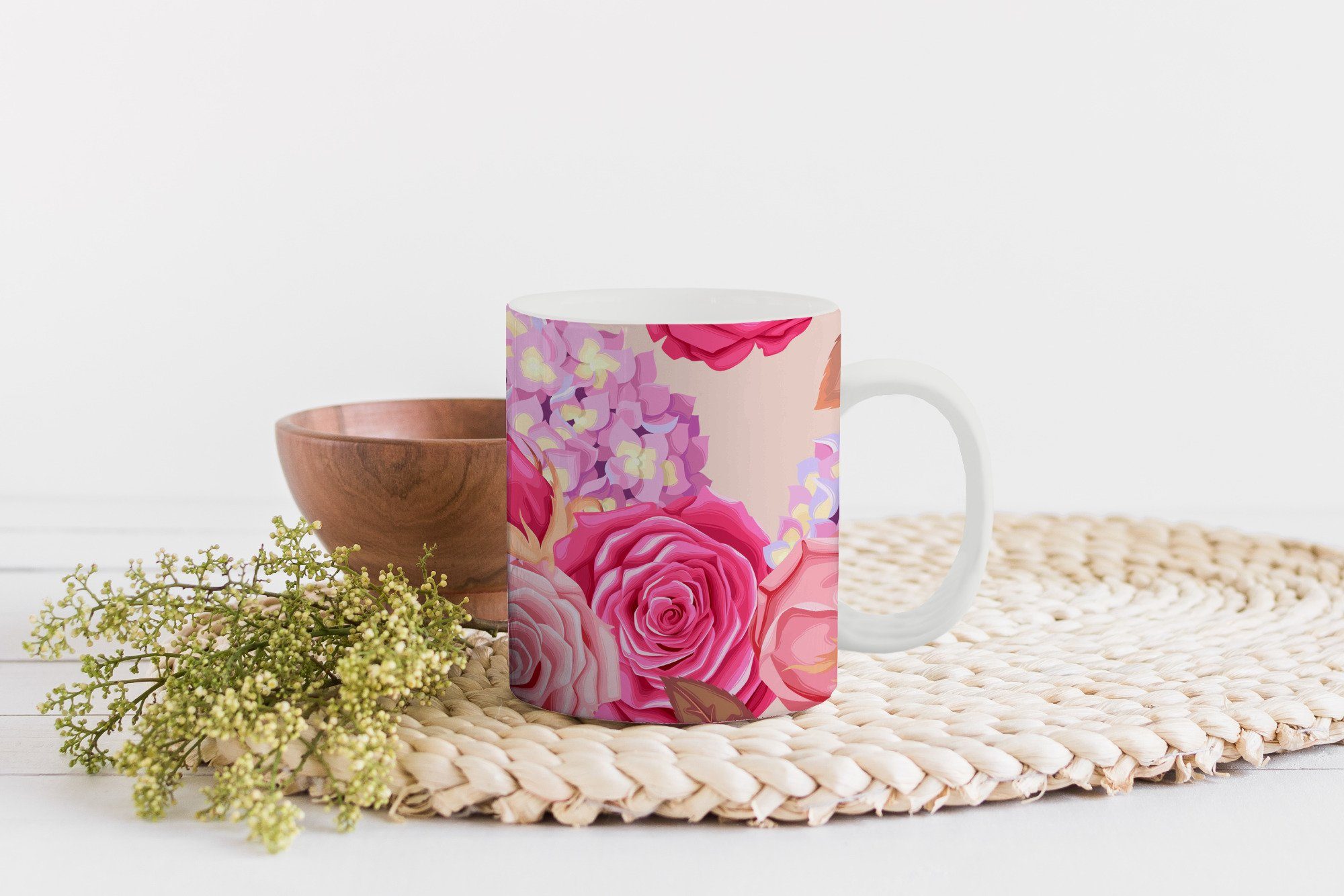 Tasse Rosen MuchoWow Blumen - Keramik, Geschenk Becher, - Kaffeetassen, Teetasse, Teetasse, Rosa,