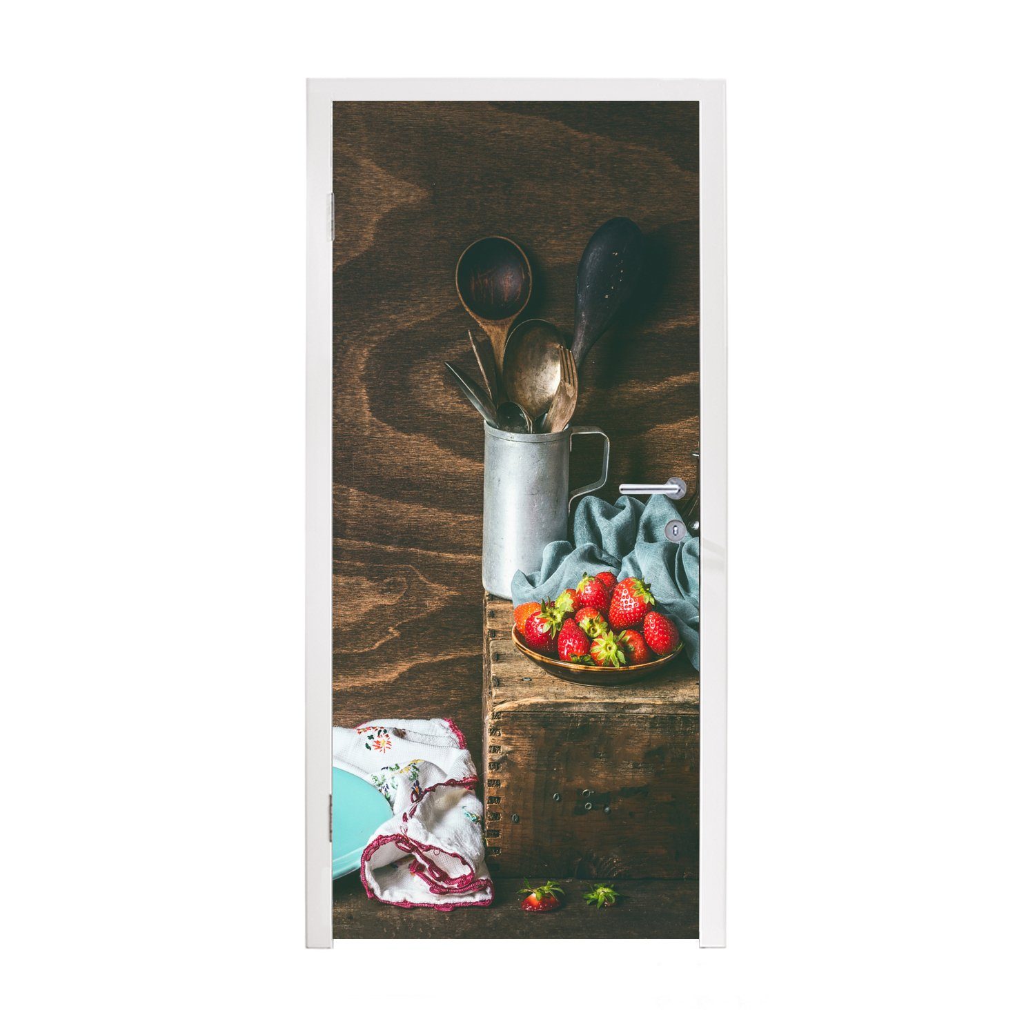MuchoWow Türtapete Rustikal - Obst - Küchenutensilien - Erdbeere, Matt, bedruckt, (1 St), Fototapete für Tür, Türaufkleber, 75x205 cm