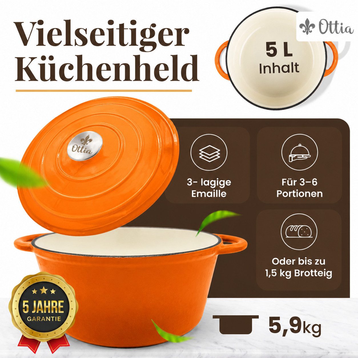 Ottia Schmortopf Gusseisen Topf lc, 26cm groß, 5L, Bräter, Brotbacktopf mit E-Book., Gusseisen, 3-fach Emaille, Händler aus Hamburg
