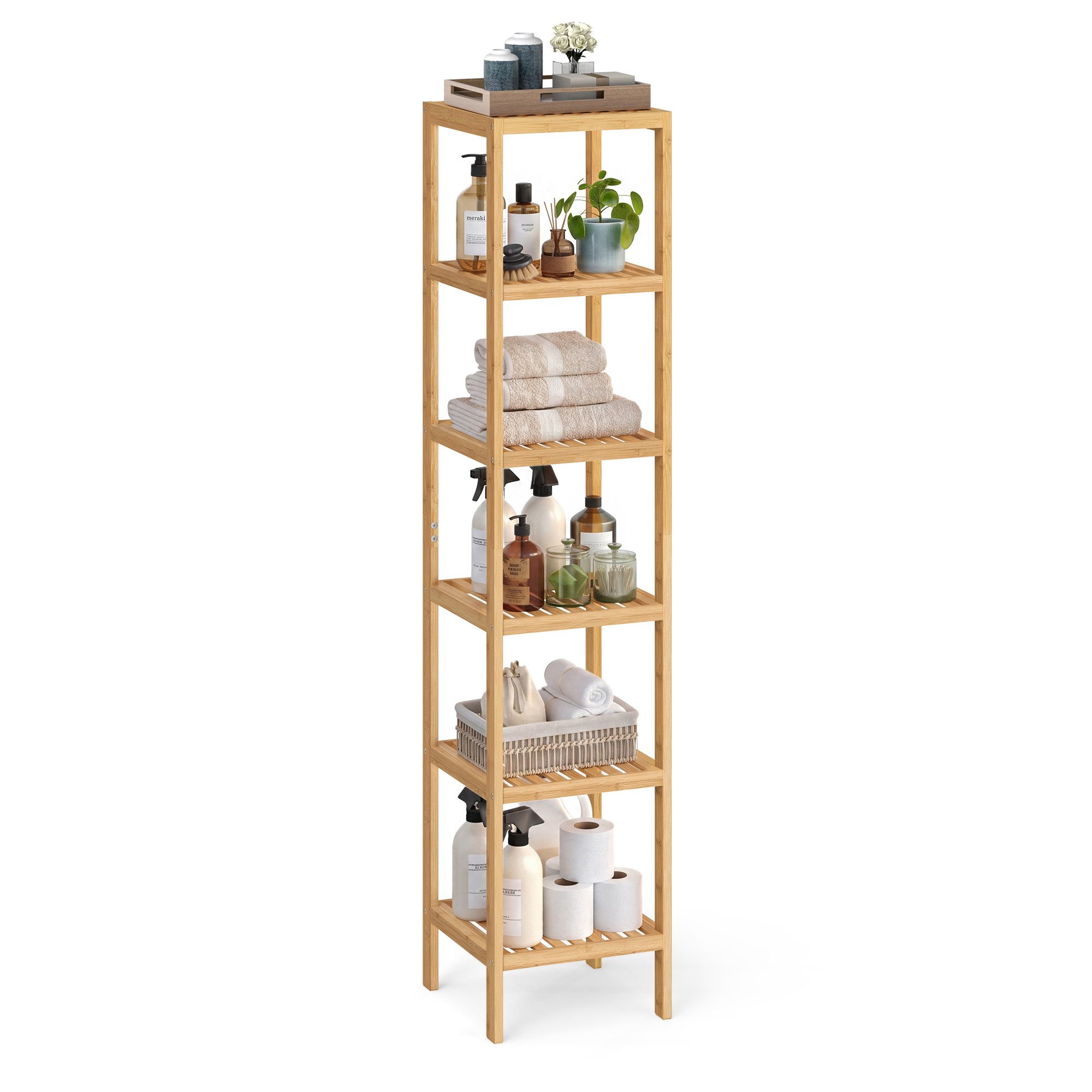 SONGMICS Badregal Badezimmerregal, 33 x 33 x 178.5 cm, aus Bambus, für Bad, Wohnzimmer, Küchenregal