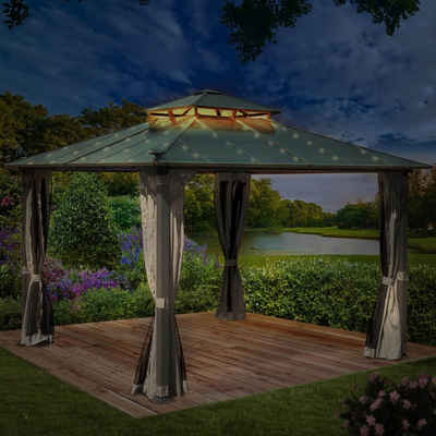 BRAST Pavillon Aluminium Pagode 4x4m viele Modelle & Farben inkl. Moskitonetz + LEDs, festes Dach, wasserdicht, stabil, UV-Schutz