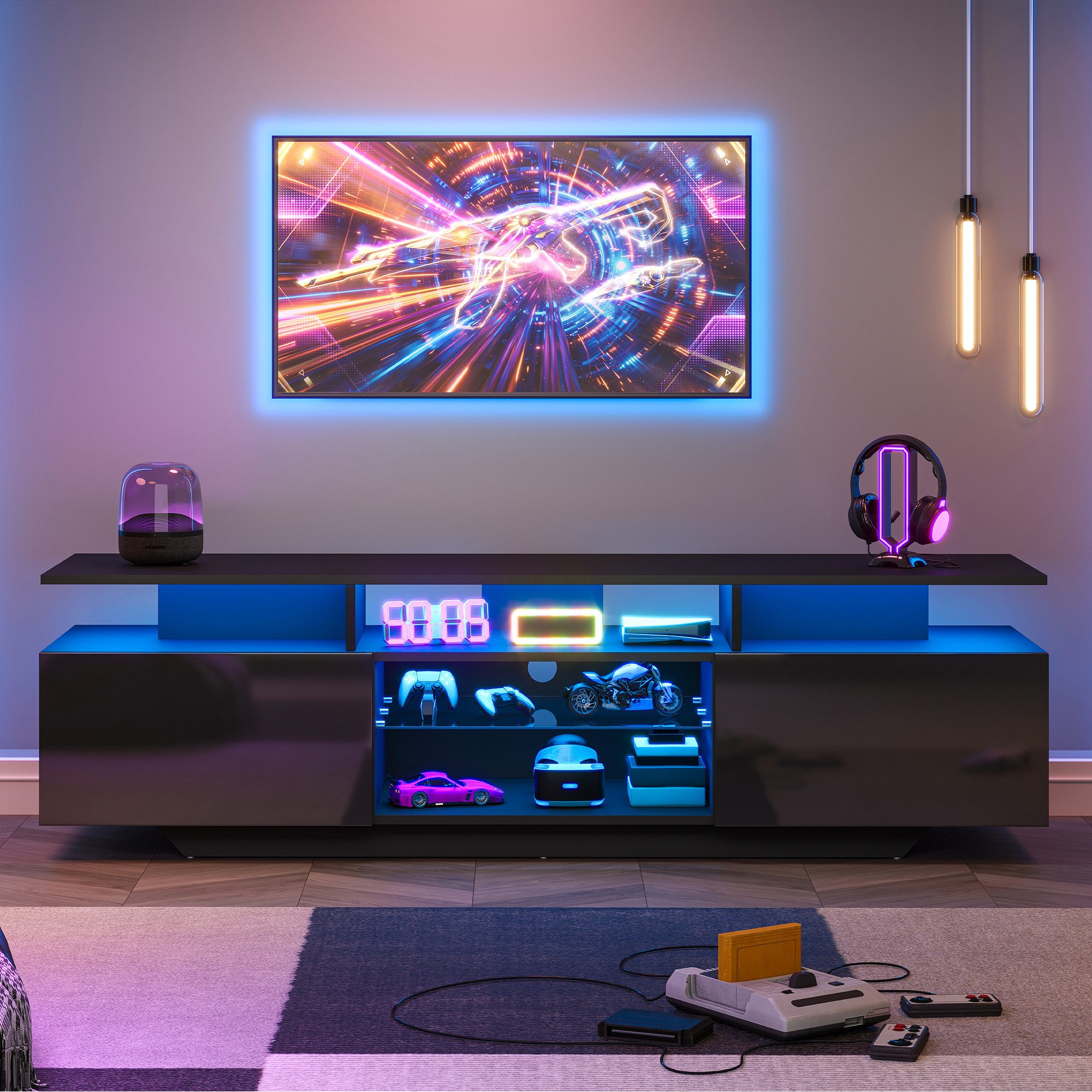 Fine Life Pro TV-Schrank Lowboard / TV‑Schrank / TV‑Lowboard mit LED‑Lichtleiste 160×40×45 cm, für Fernseher bis 70 Zoll