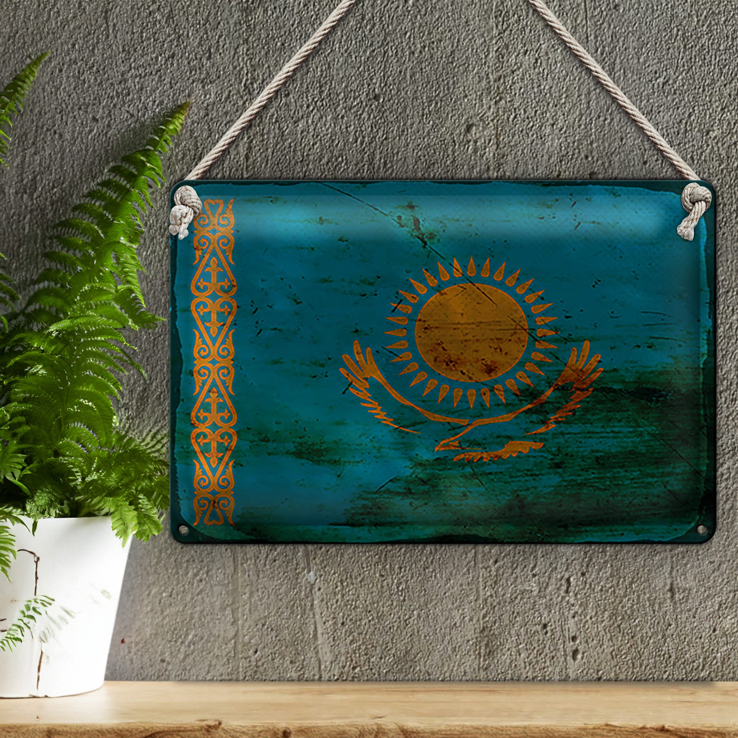 Roomando Metallschild Flagge Kasachstan 18x12cm Kazakhstan Rost