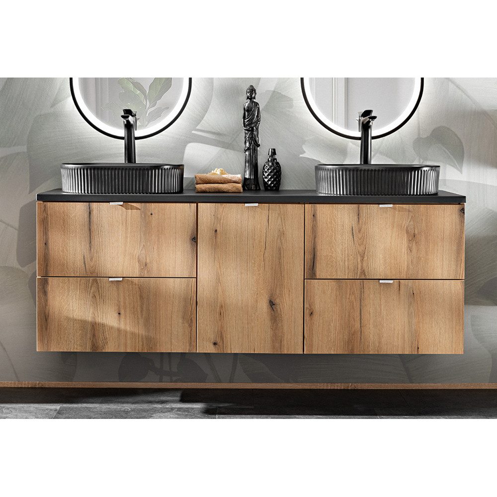 Lomadox Waschtisch NEWPORT-56-OAK, in Eiche und schwarz, 160cm breit, mit 2 Aufsatzwaschbecken
