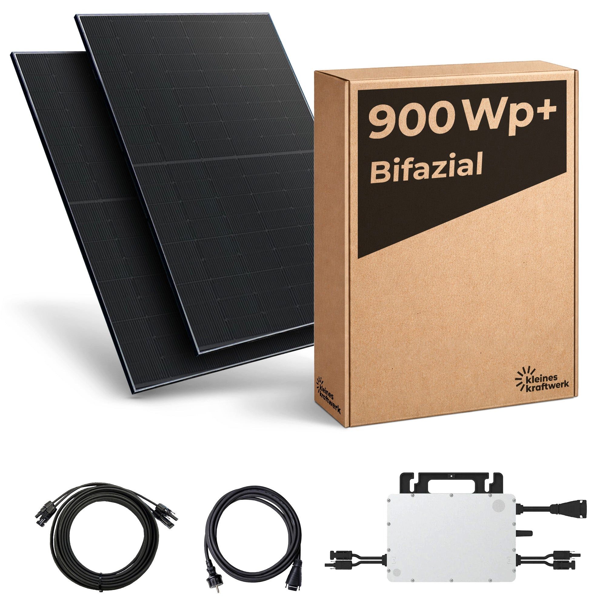 Kleines Kraftwerk Balkonkraftwerk, 900 W, Monokristallin, (ohne Halterung), 2 x 450W, Wechselrichter, Stromanschlusskabel, Solarverlängerungskabel