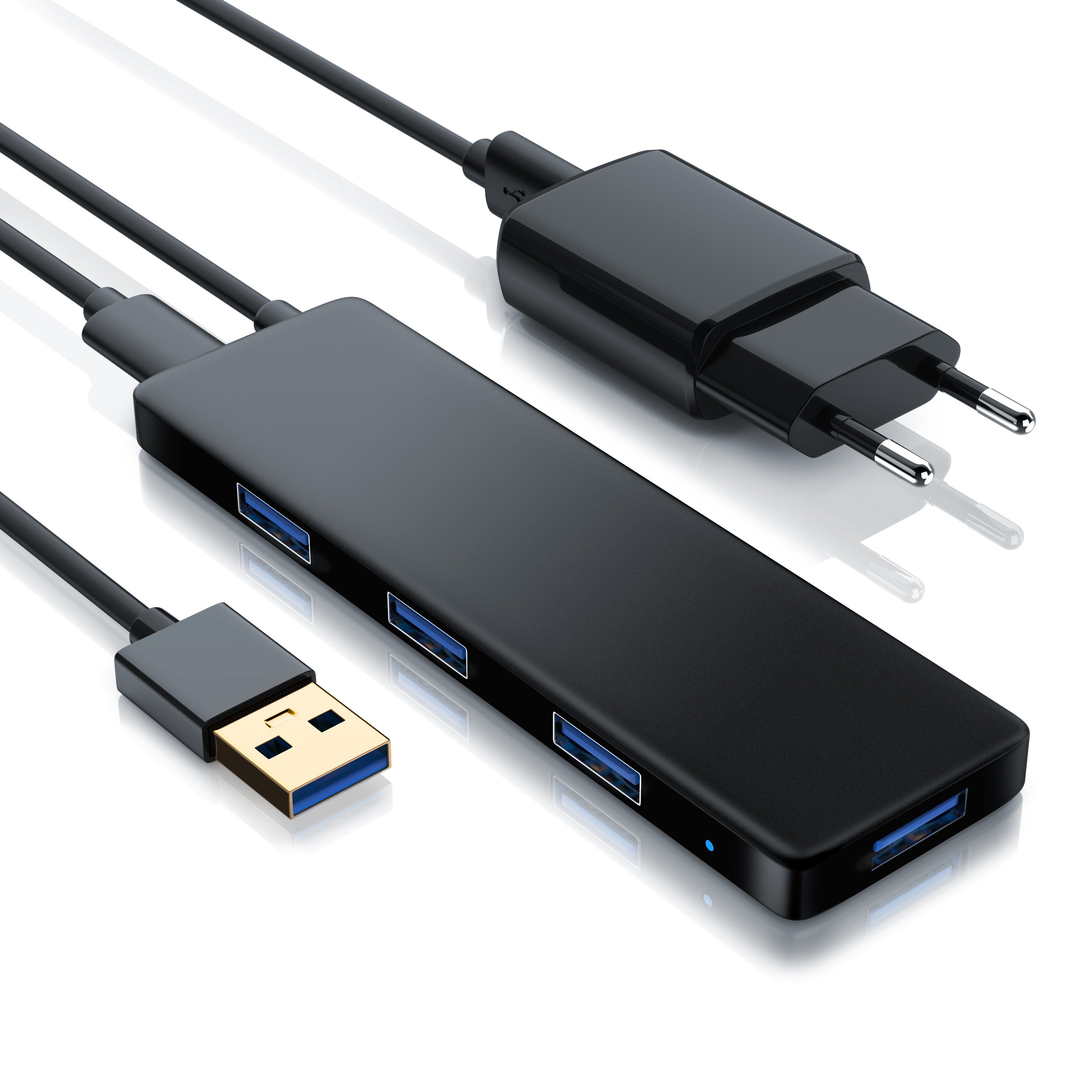 Primewire 4-Port aktiver Ultra Slim USB 3.2 Hub / Verteiler, Netzteil, Hot-Plug USB-Adapter USB-A zu USB-A, 150 cm, Datenhub für PC, PS4, Notebook, Netbook, Laptop, MacBook