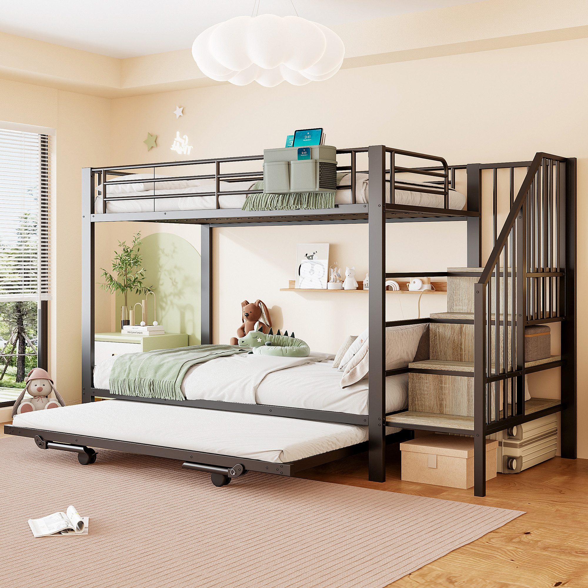 Flieks Etagenbett, Dreierbett Metallbett 90x200cm mit Ausziehbett 90x190cm Stauraumtreppe