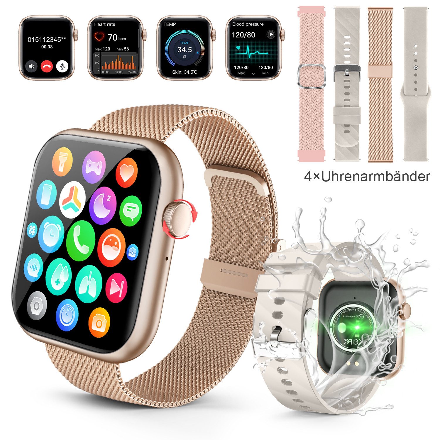walkbee smartwatch,Fitness Tracker uhr für Damen Herren mit Telefonfunktion Smartwatch (5 cm/1,96