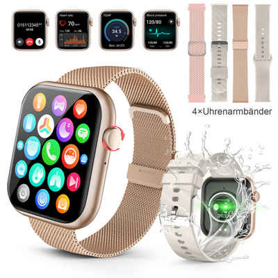 walkbee smartwatch,Fitness Tracker uhr für Damen Herren mit Telefonfunktion Smartwatch (5 cm/1,96" HD Voll Touchscreen Zoll) IP67 Wasserdicht Fitness Uhr, 4 Austauschbare Armbänder