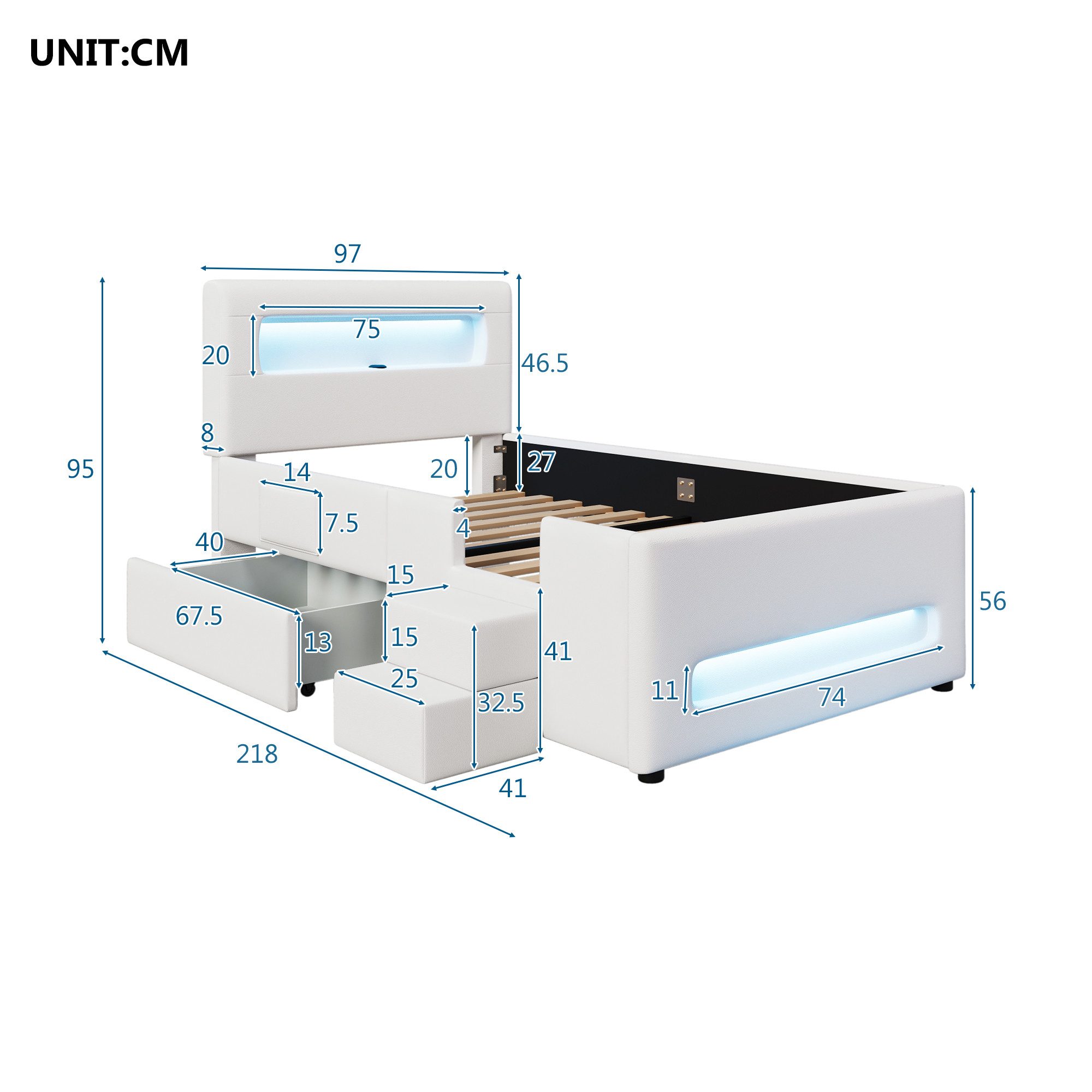 Ulife Polsterbett mit Treppe, Schubladen, LED-Beleuchtung + Stauraum, 90x200cm (1-tlg., Ohne Matratze), Gepolstertes Plattformbett Kinderbett Jugendbett, Beige/ Rosa