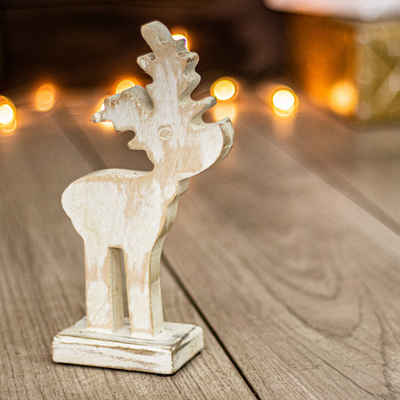 Antikas Weihnachtsfigur Skulptur, Rentier aus Holz, weiß, Tischdeko zu Weihnachten