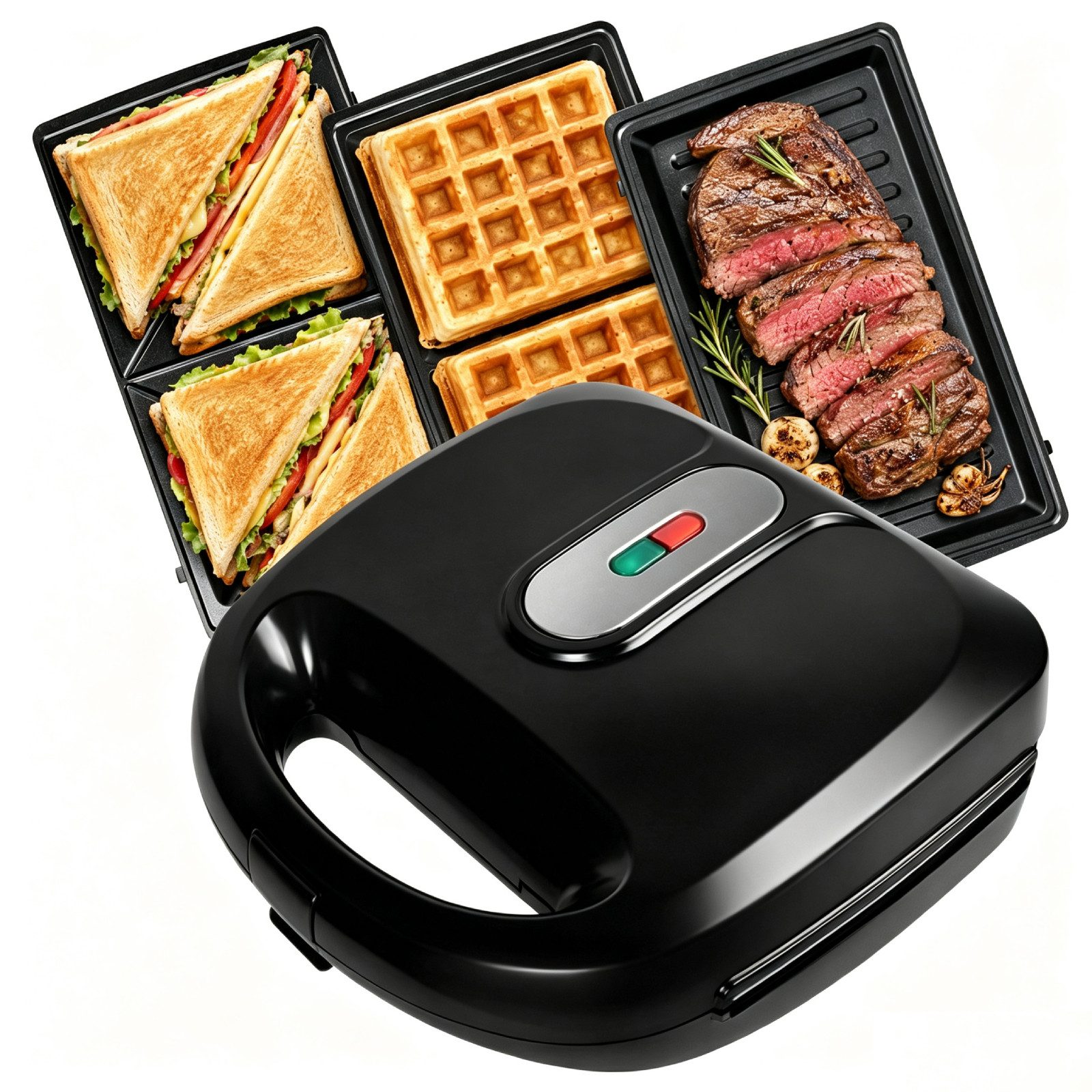 OZAVO 3-in-1-Sandwichmaker Sandwichtoaster, Waffeleisen,Kontaktgrill 23*23cm, 750 W, Antihaftbeschichtete abnehmbare Platten