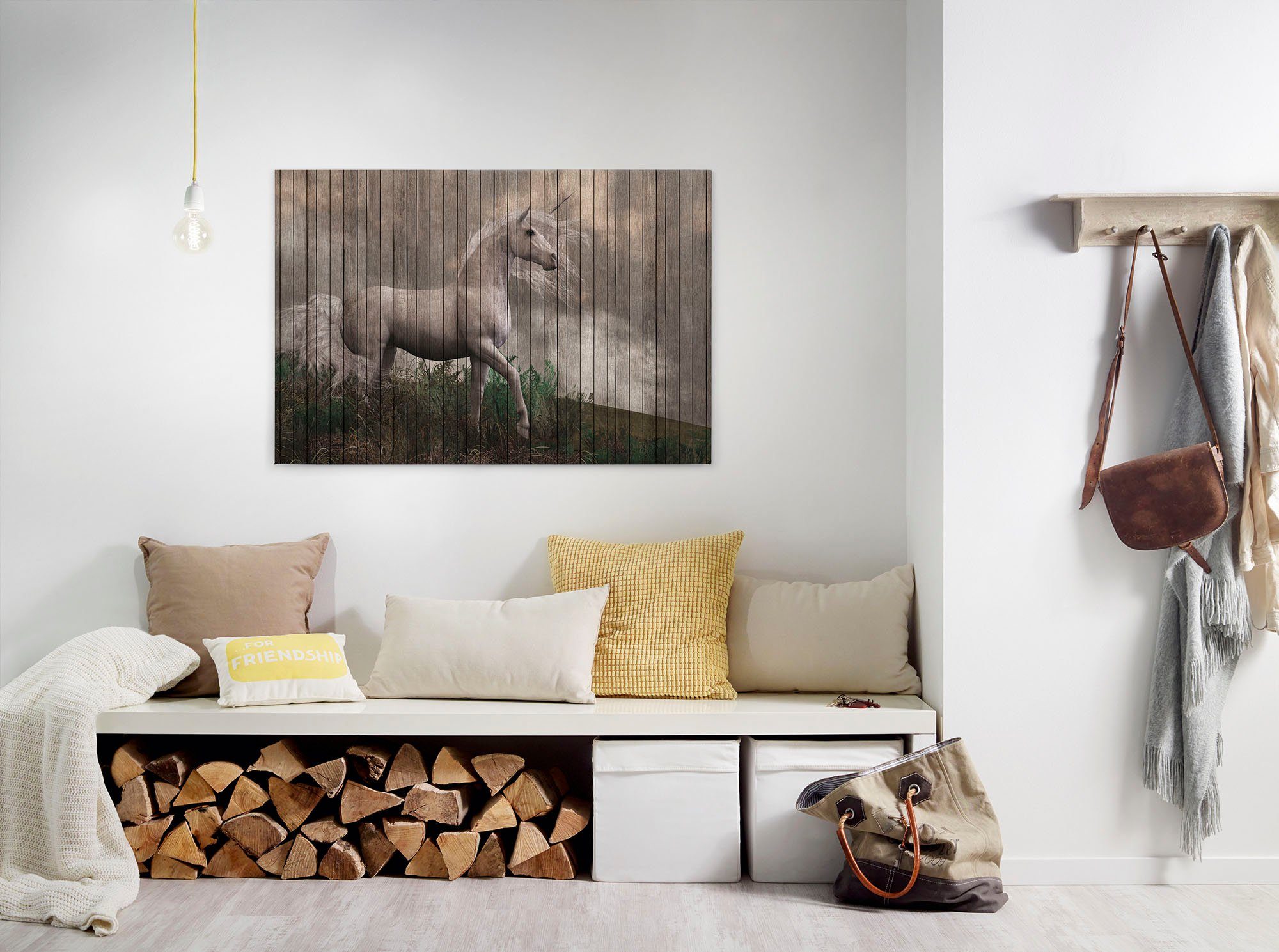 A.S. Création Leinwandbild fantasy 3, Kinder, Kunst, Tiere (1 St), Keilrahmen Bild Holzoptik Einhorn Leinwand-Bild Wohnzimmer modern Wand