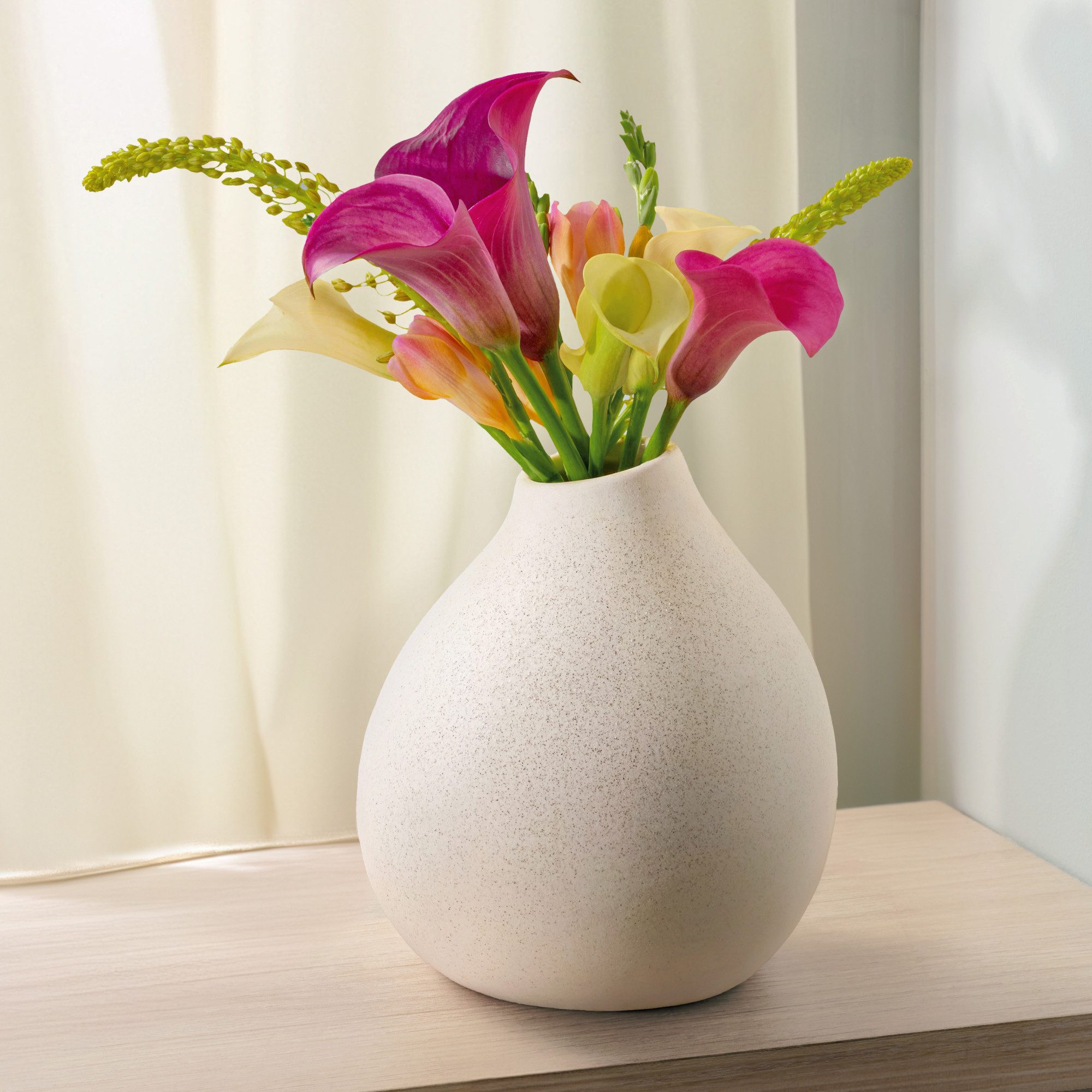 Tischvase Keramik Vase Weiß Groß - Bauchige Form mit Sandtextur