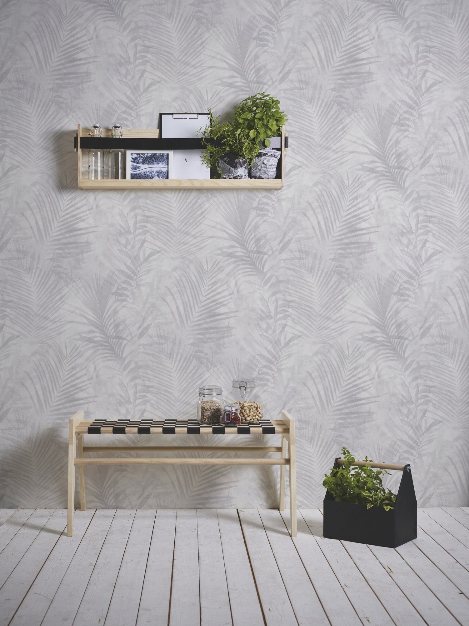 A.S. Création Neue Concret Vliestapete mit Tapete Dschungeltapete Palmen Palmenblättern, weiß Tropical Bude floral, 2.0
