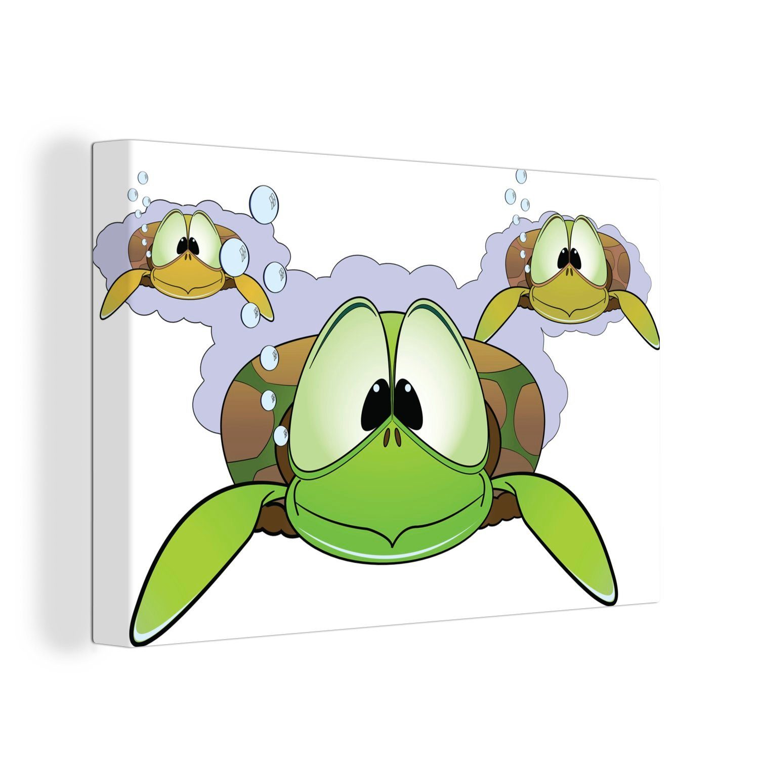 OneMillionCanvasses® Leinwandbild Illustration von drei grünen Schildkröten im Wasser, (1 St), Wandbild Leinwandbilder, Aufhängefertig, Wanddeko, 30x20 cm